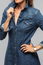 Cody Snap Dress In Mid Blue Distressed - AXEL'S
