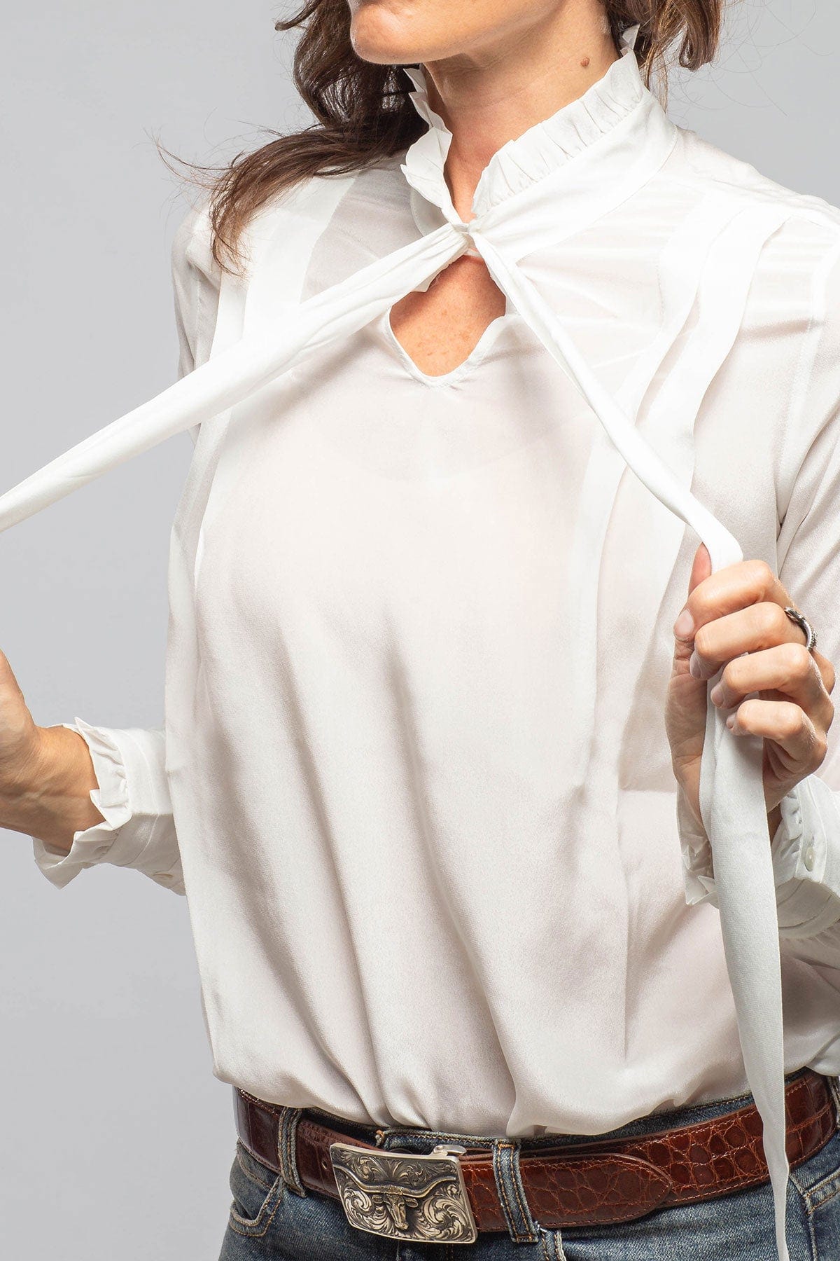 European Culture Pascal Silk Ruffle Tie Neck Blouse In White Ladies - Blouses
