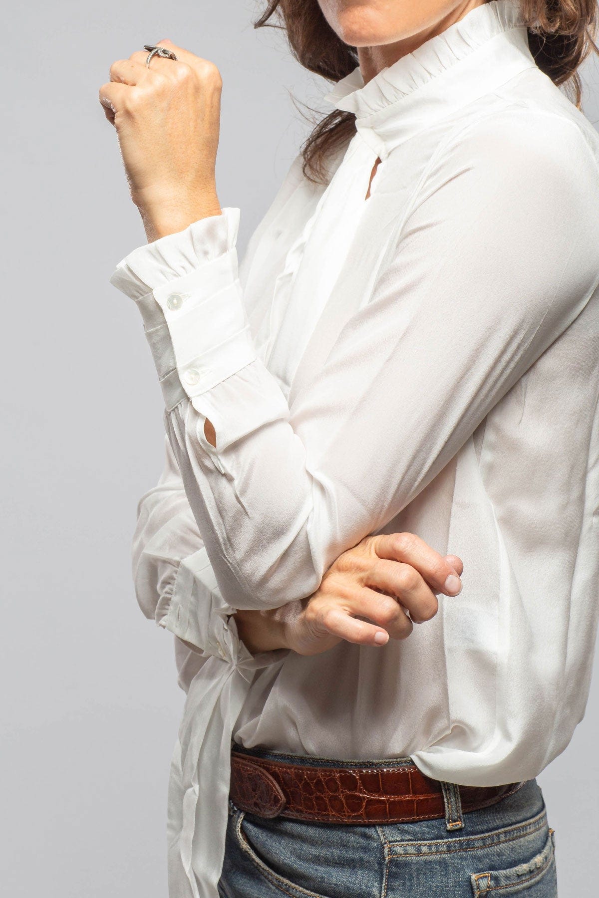 European Culture Pascal Silk Ruffle Tie Neck Blouse In White Ladies - Blouses