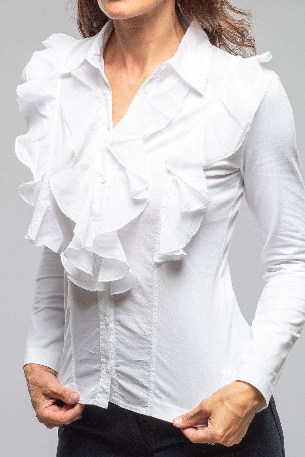 European Culture Sabine Wavy Ruffle Front Blouse In White Ladies - Blouses