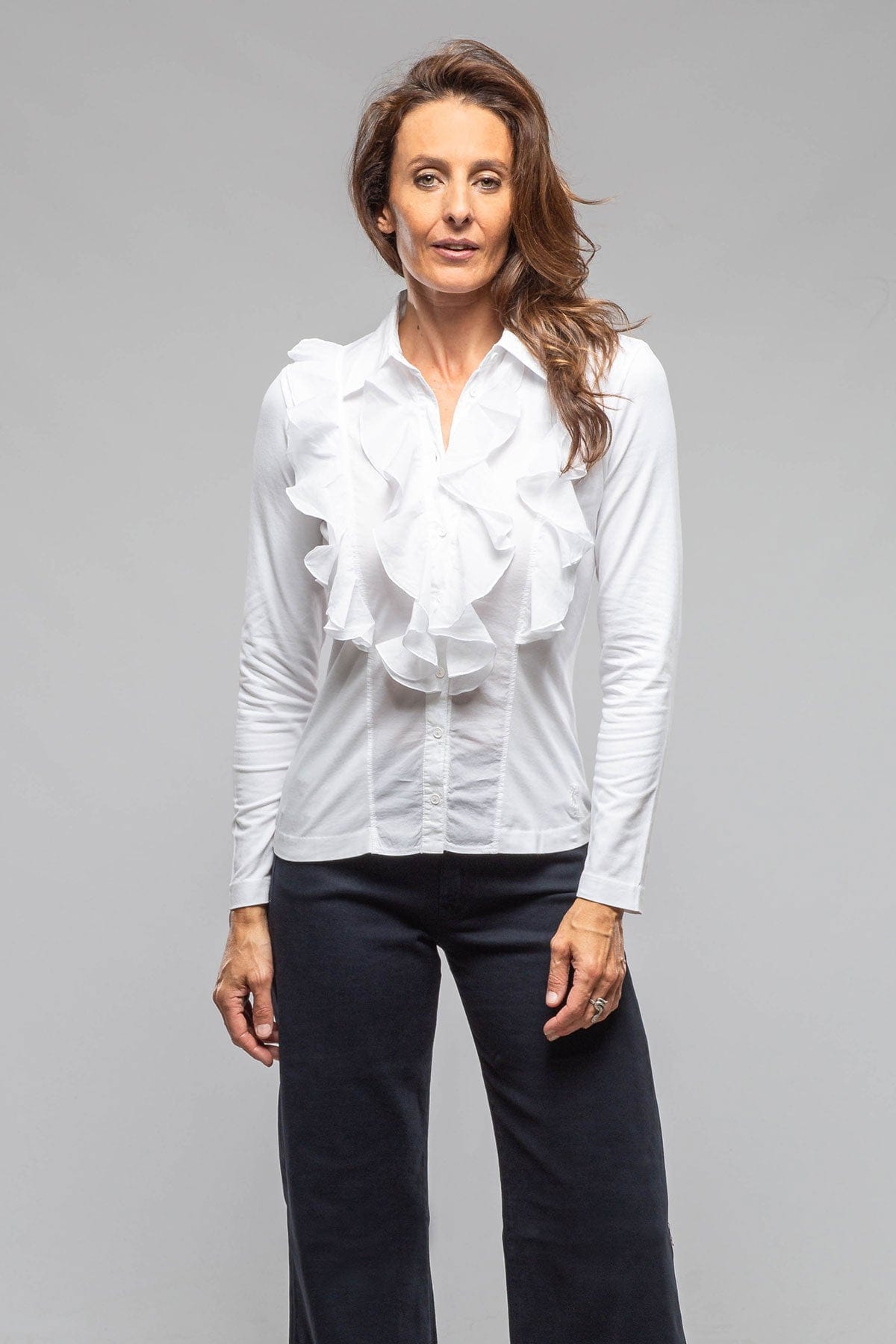 Sabine Wavy Ruffle Front Blouse In White - AXEL'S