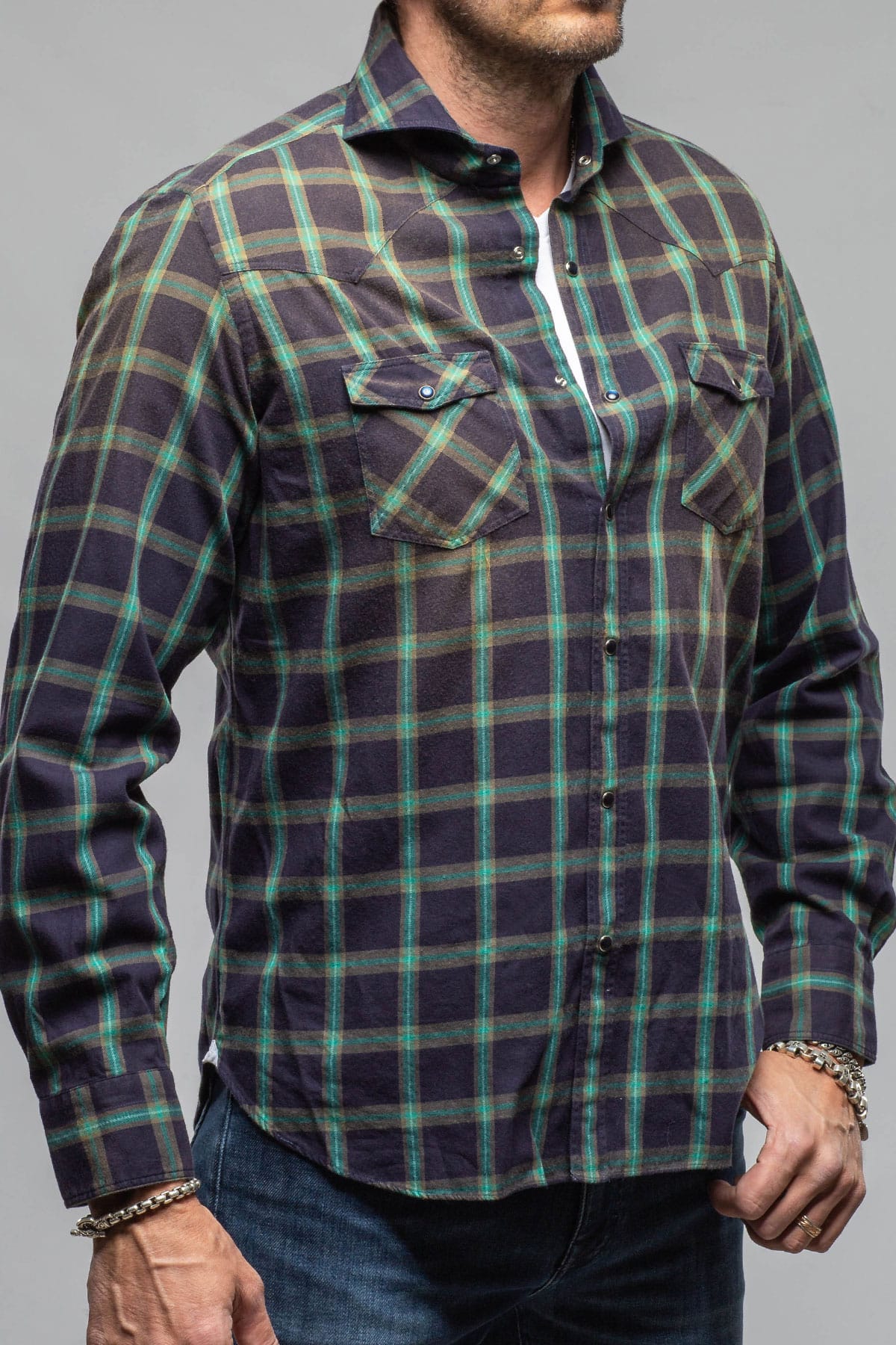Giannetto Portofino Arakan Western Check Snap Shirt In Navy/Green Mens - Shirts - Dress