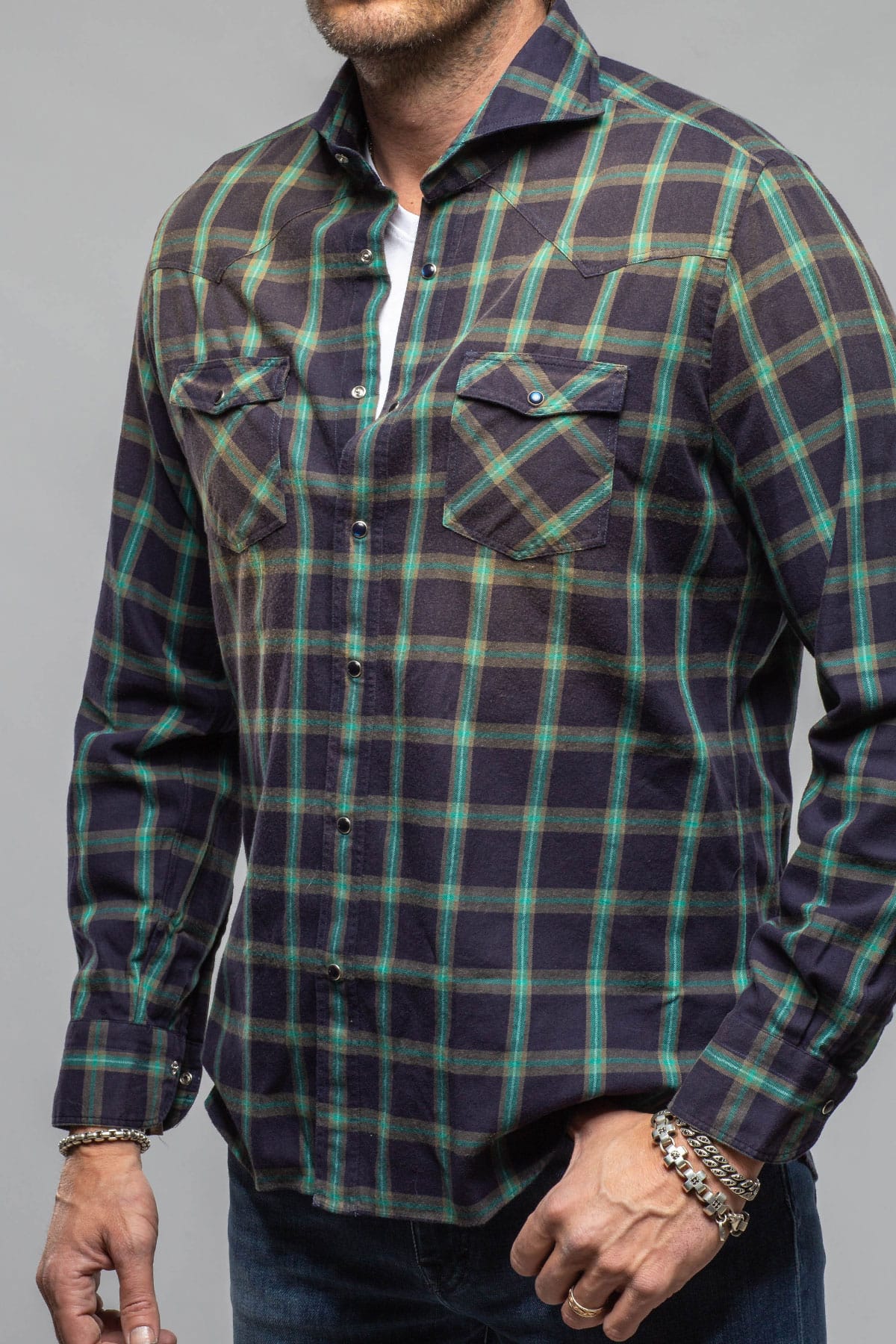 Giannetto Portofino Arakan Western Check Snap Shirt In Navy/Green Mens - Shirts - Dress