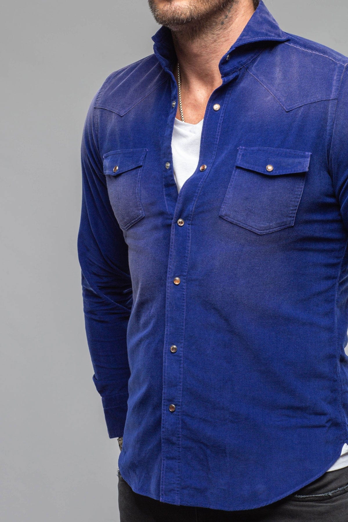Giannetto Portofino Azure Corduroy Washed Snap In Blue | Mens - Shirts - Dress