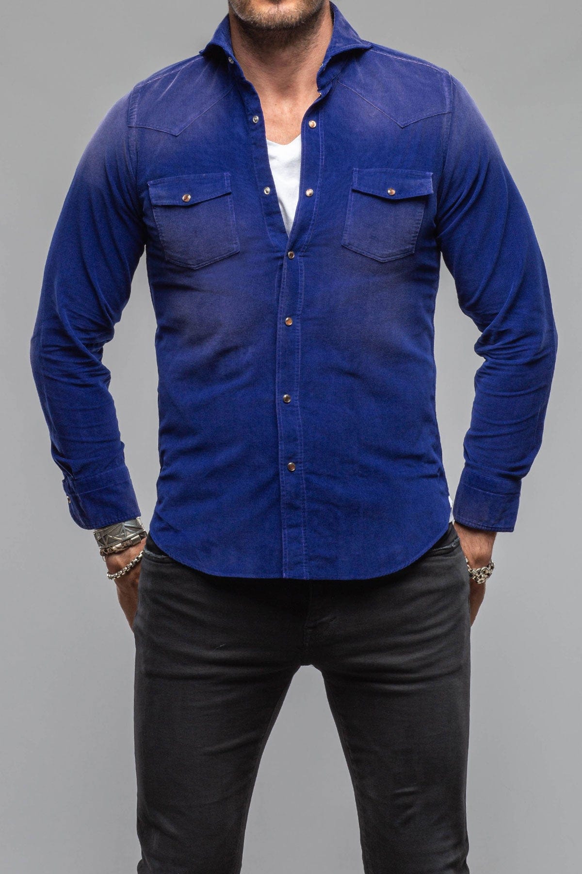 Giannetto Portofino Azure Corduroy Washed Snap In Blue | Mens - Shirts - Dress