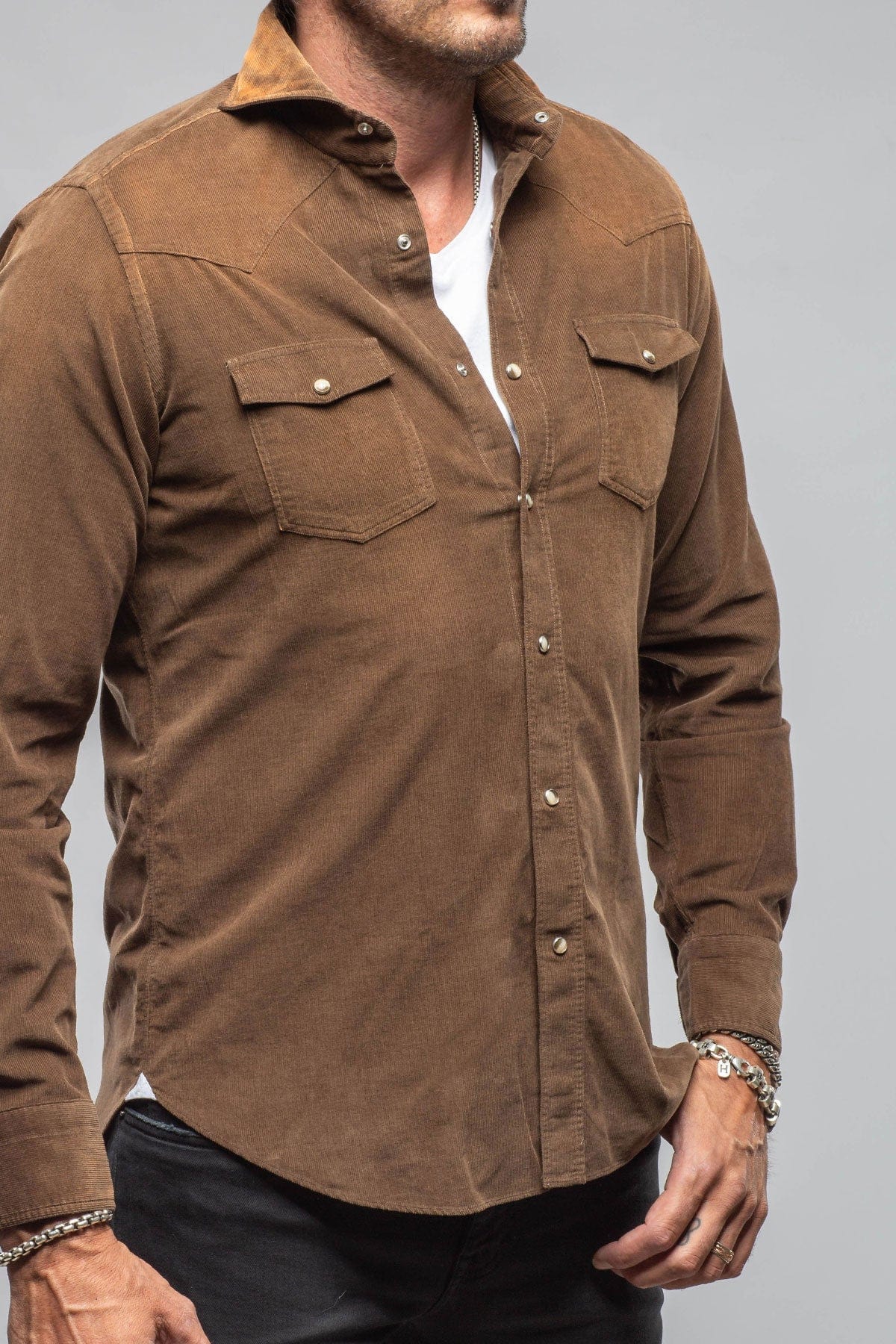 Giannetto Portofino Azure Corduroy Washed Snap In Cocolate | Mens - Shirts - Dress
