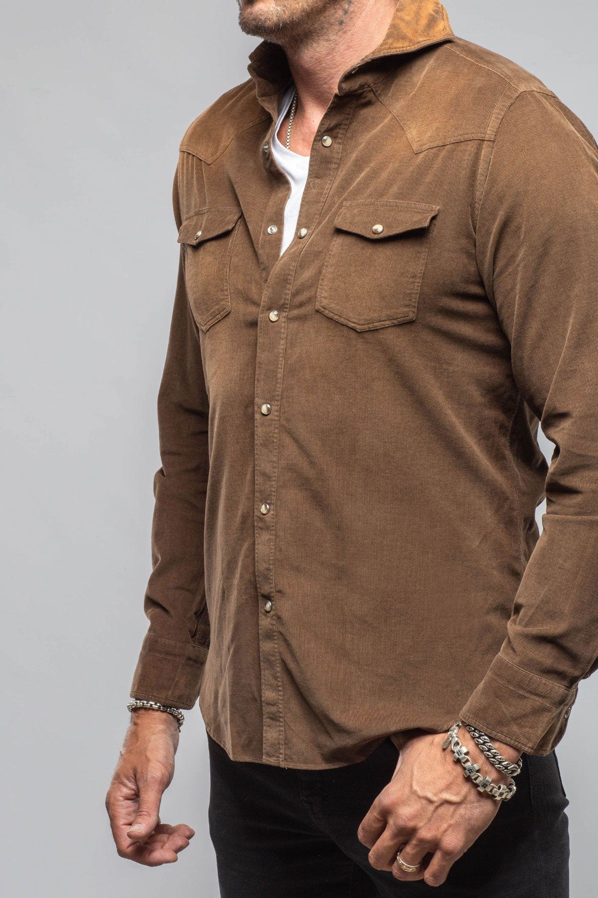 Giannetto Portofino Azure Corduroy Washed Snap In Cocolate | Mens - Shirts - Dress