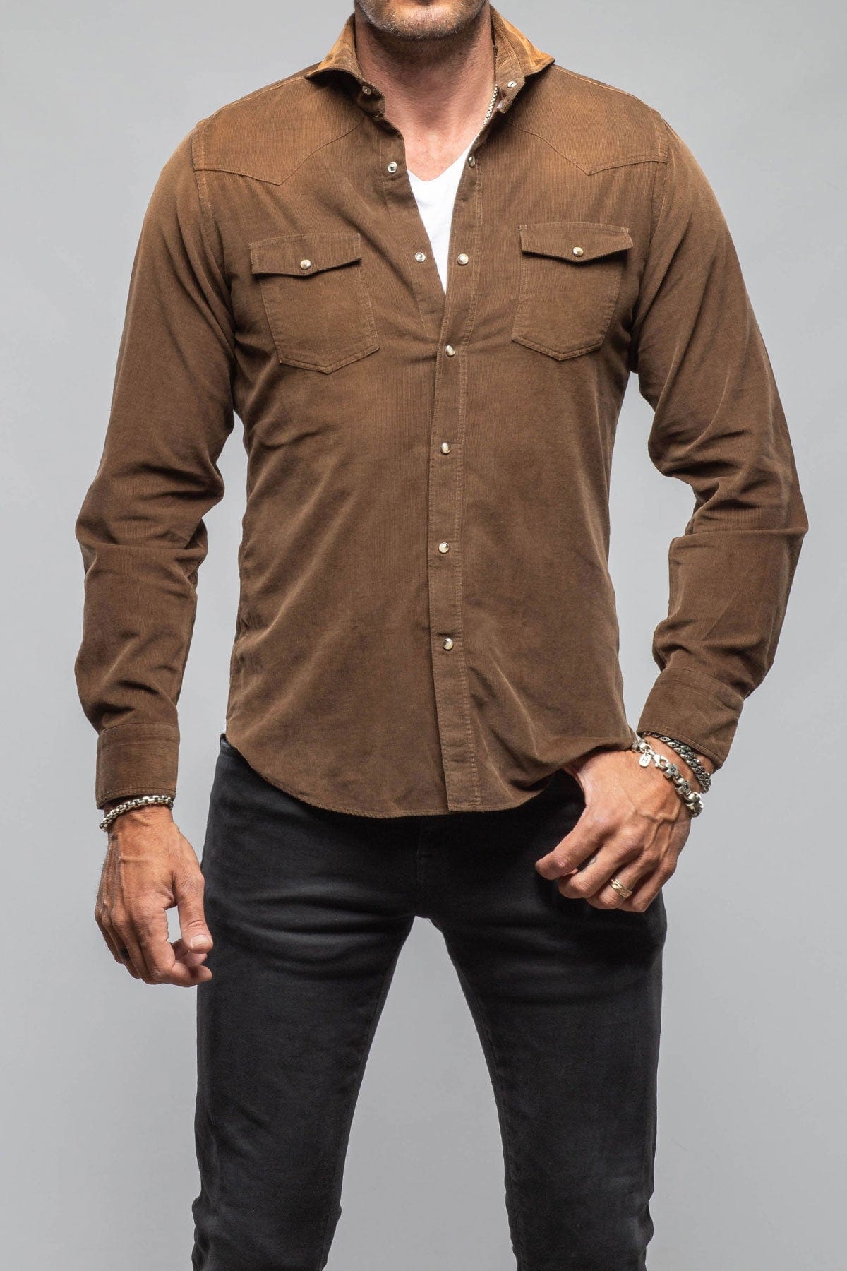 Giannetto Portofino Azure Corduroy Washed Snap In Cocolate | Mens - Shirts - Dress