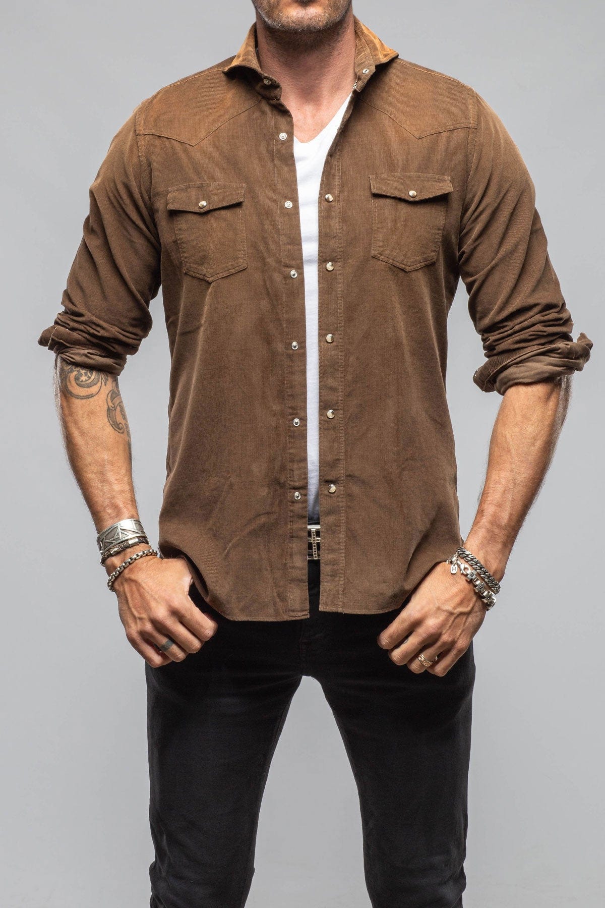 Giannetto Portofino Azure Corduroy Washed Snap In Cocolate | Mens - Shirts - Dress