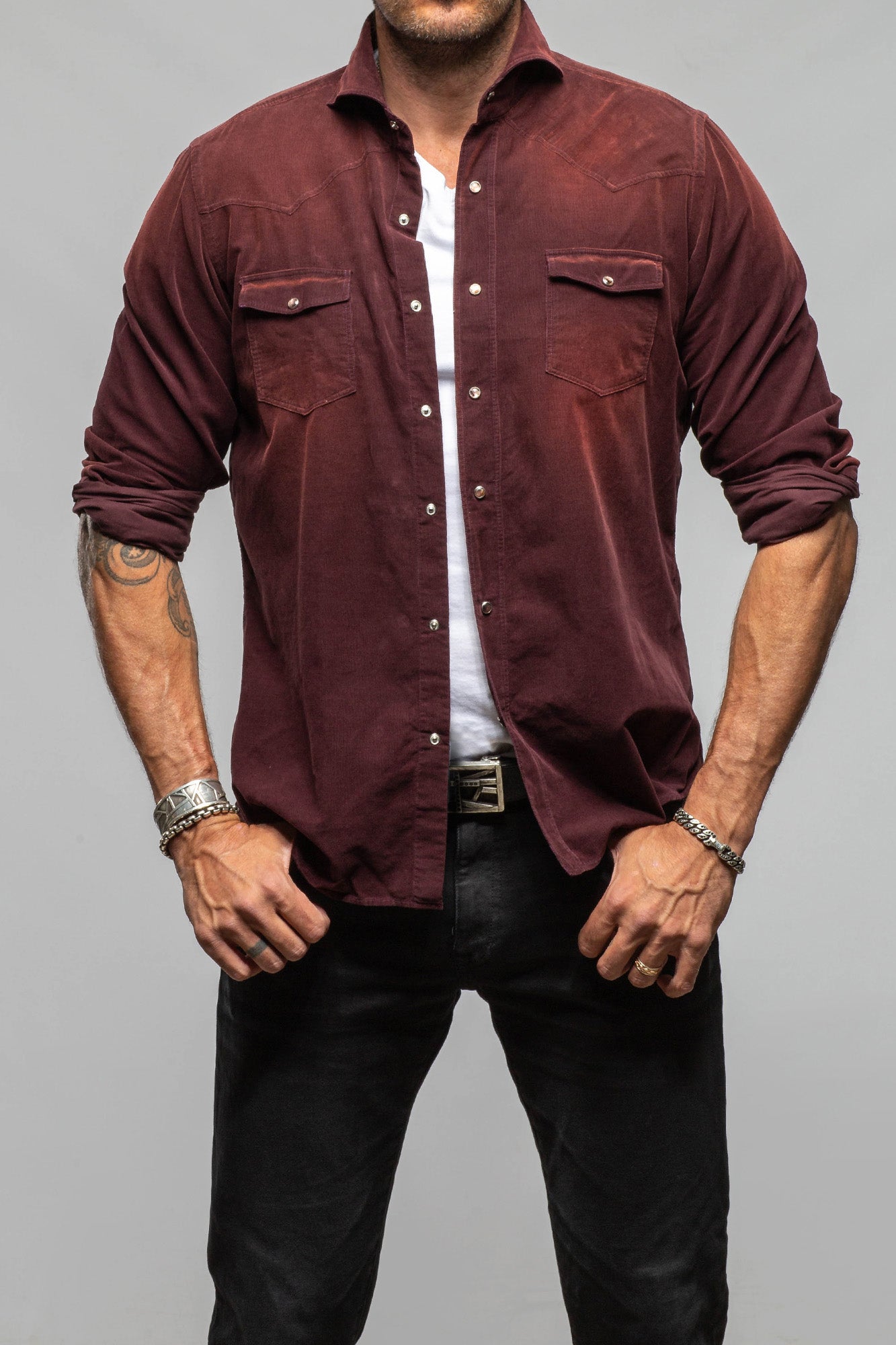 Giannetto Portofino Azure Corduroy Washed Snap In Eggplant Mens - Shirts - Dress