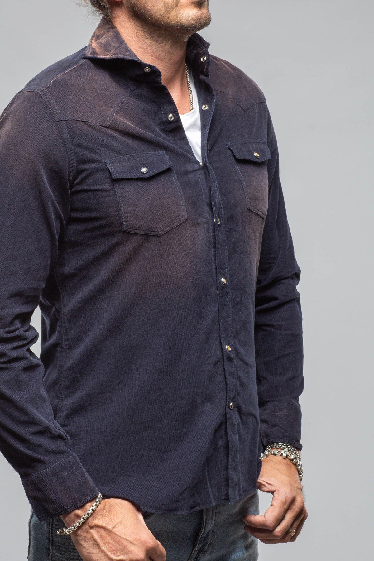 Giannetto Portofino Azure Corduroy Washed Snap In Navy | Mens - Shirts - Dress