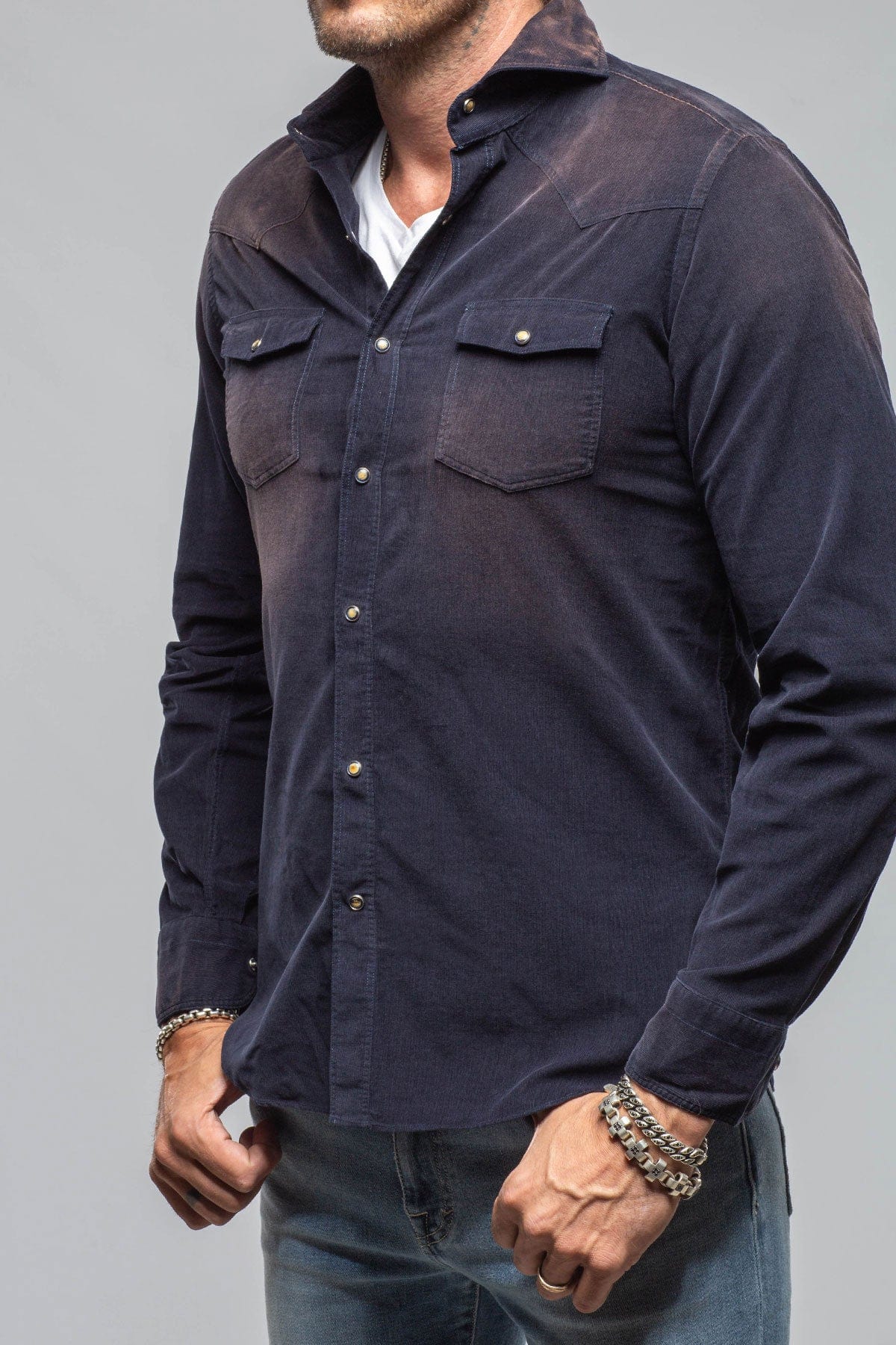 Giannetto Portofino Azure Corduroy Washed Snap In Navy | Mens - Shirts - Dress