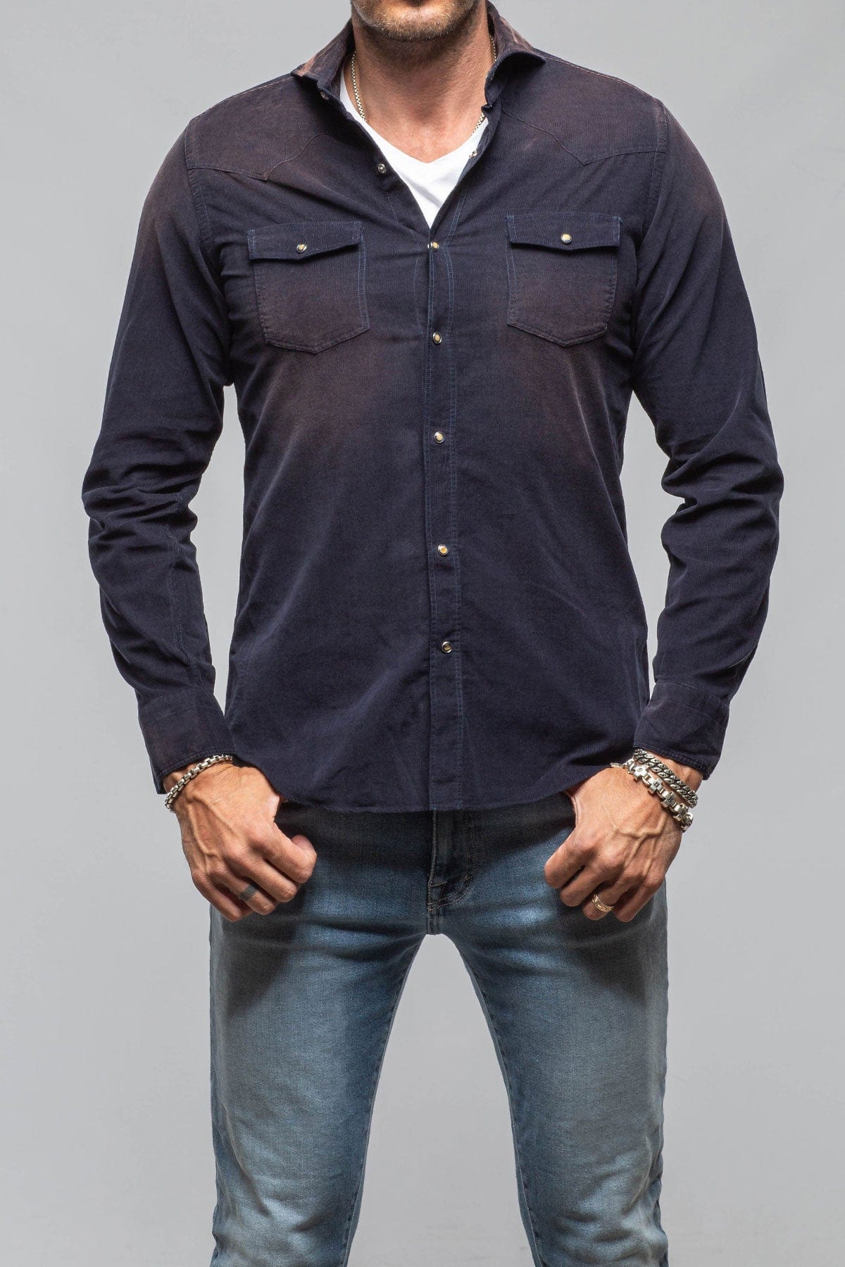 Giannetto Portofino Azure Corduroy Washed Snap In Navy | Mens - Shirts - Dress