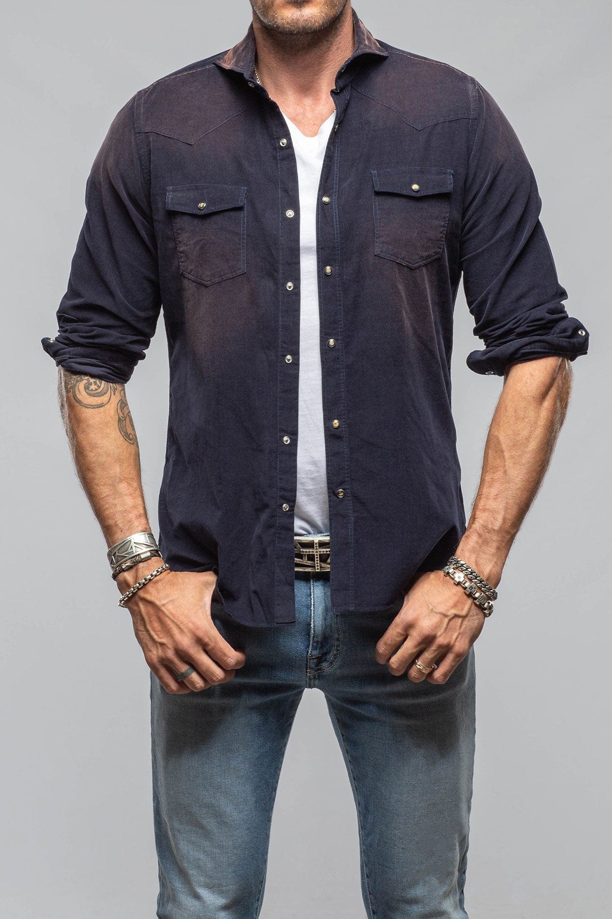 Giannetto Portofino Azure Corduroy Washed Snap In Navy | Mens - Shirts - Dress