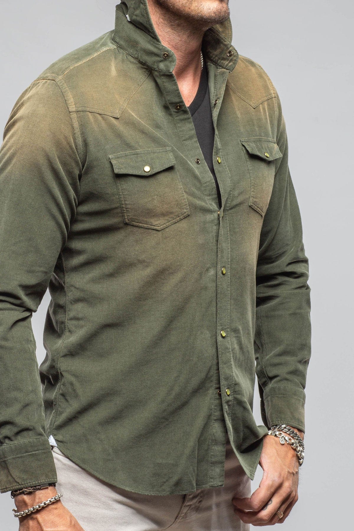 Giannetto Portofino Azure Corduroy Washed Snap In Olive | Mens - Shirts - Dress
