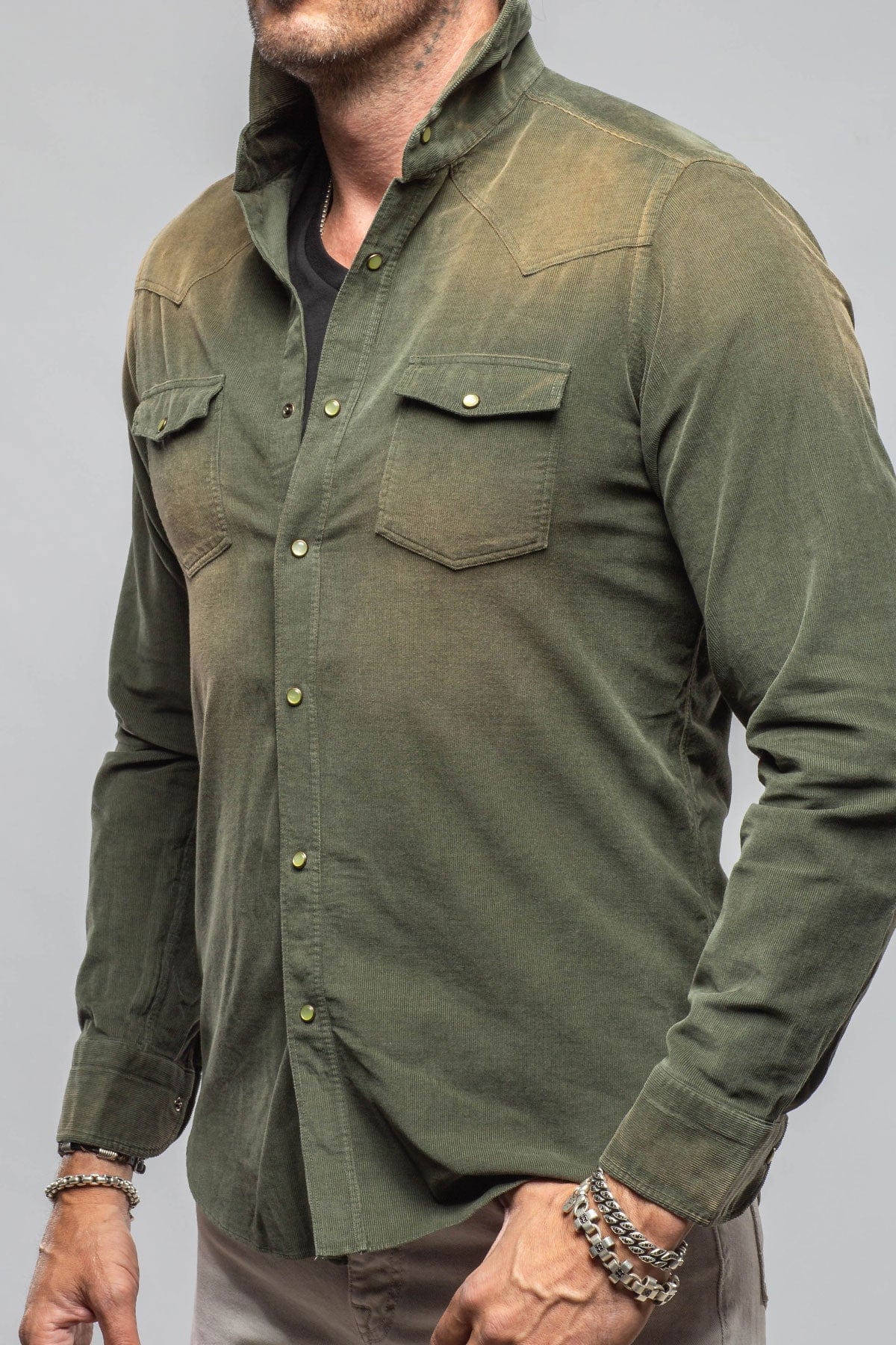 Giannetto Portofino Azure Corduroy Washed Snap In Olive | Mens - Shirts - Dress