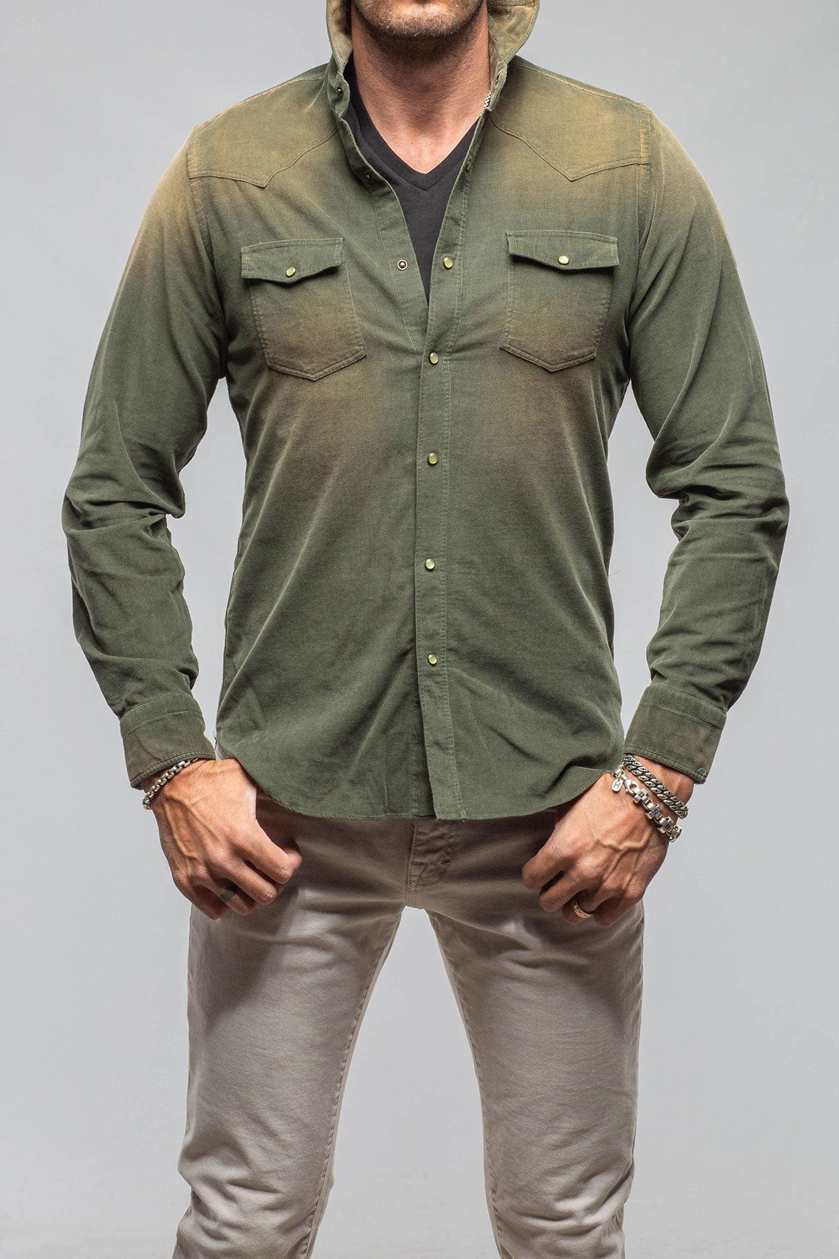 Giannetto Portofino Azure Corduroy Washed Snap In Olive | Mens - Shirts - Dress