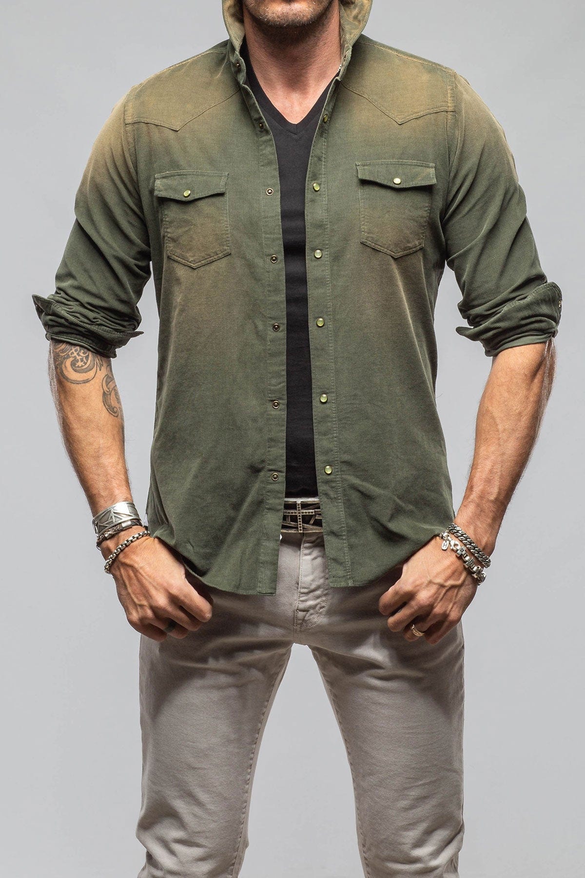 Giannetto Portofino Azure Corduroy Washed Snap In Olive | Mens - Shirts - Dress