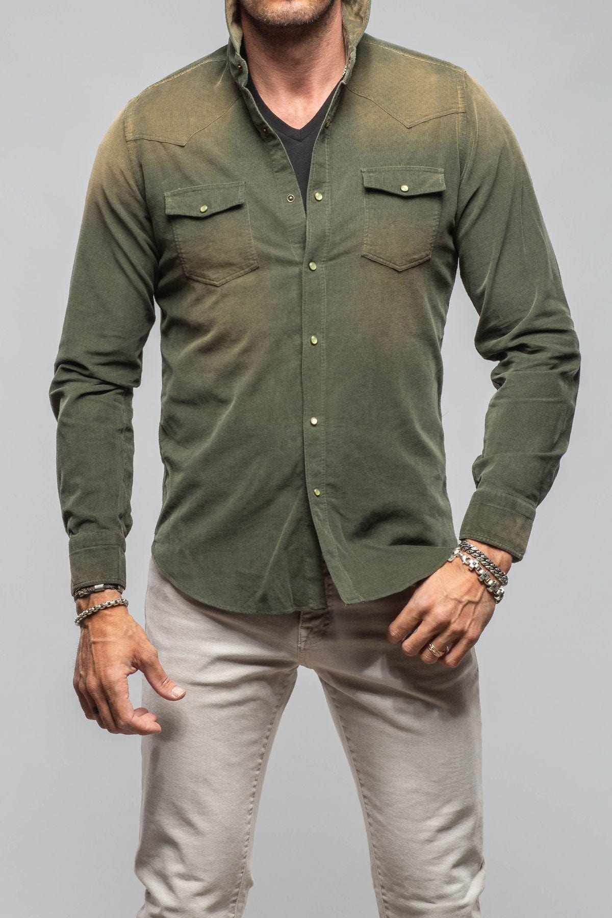 Giannetto Portofino Azure Corduroy Washed Snap In Olive | Mens - Shirts - Dress
