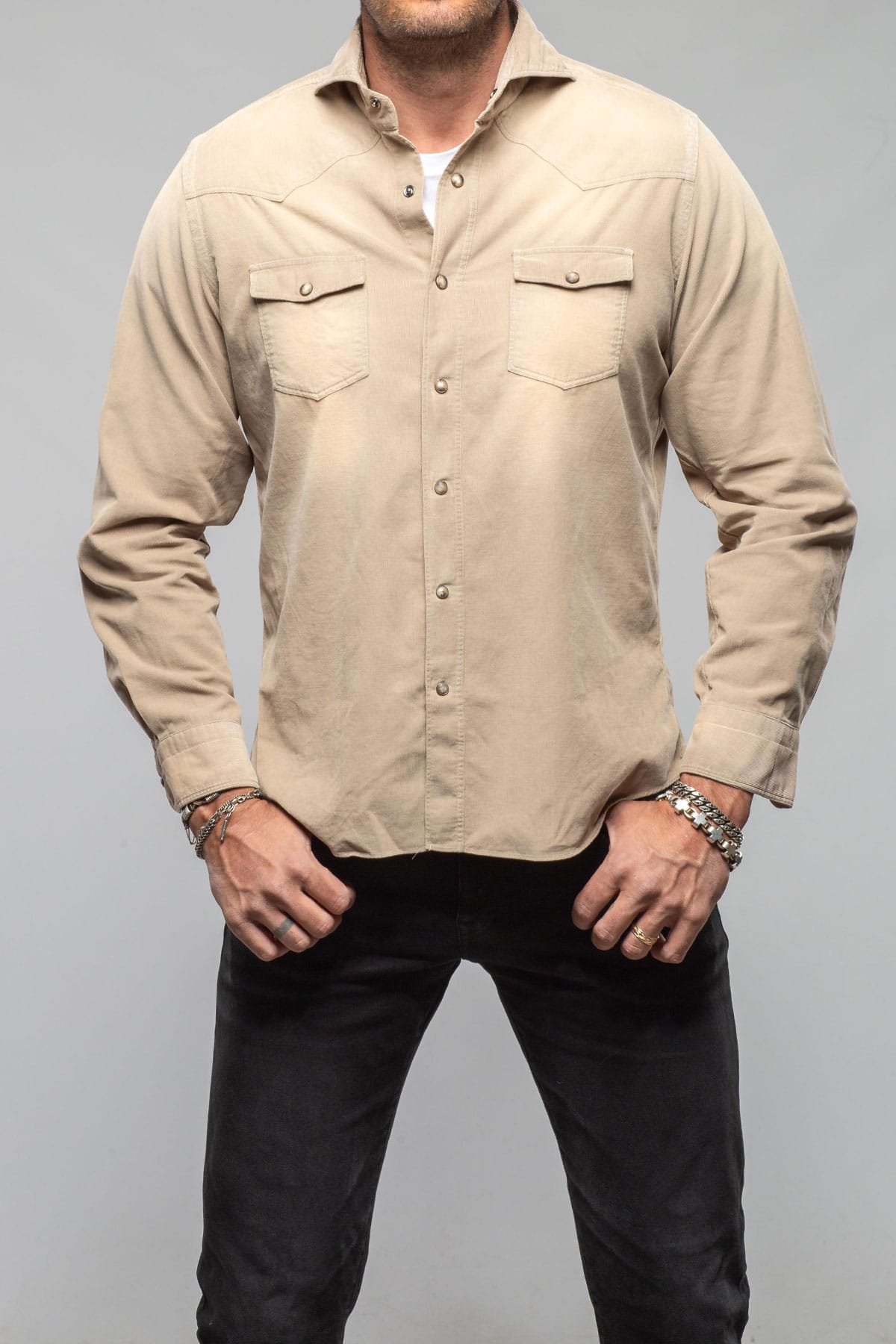 Giannetto Portofino Azure Corduroy Washed Snap In Tortora Mens - Shirts - Dress