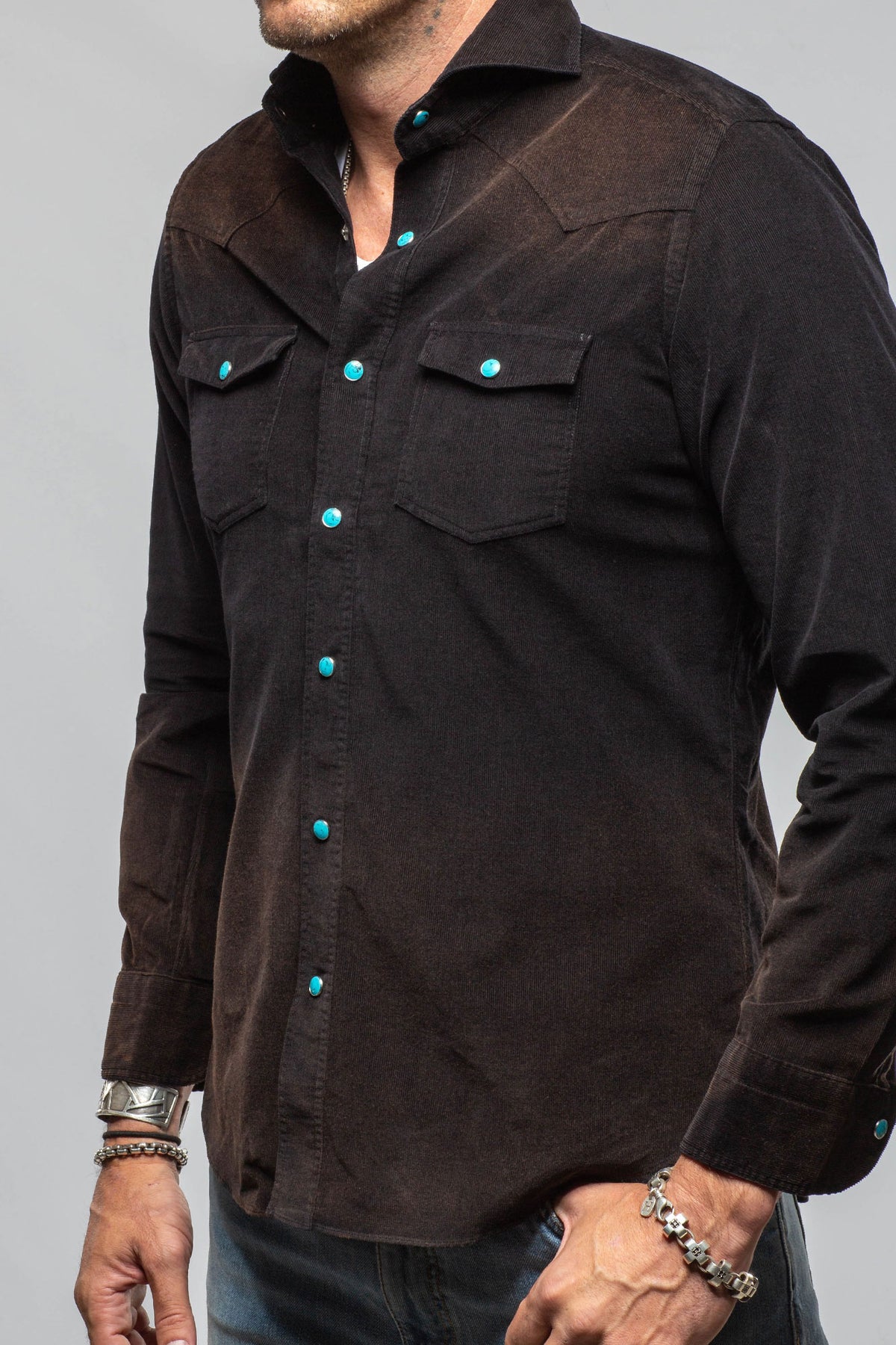 Giannetto Portofino Azure Corduroy Washed Snap Shirt In Black Mens - Shirts - Dress
