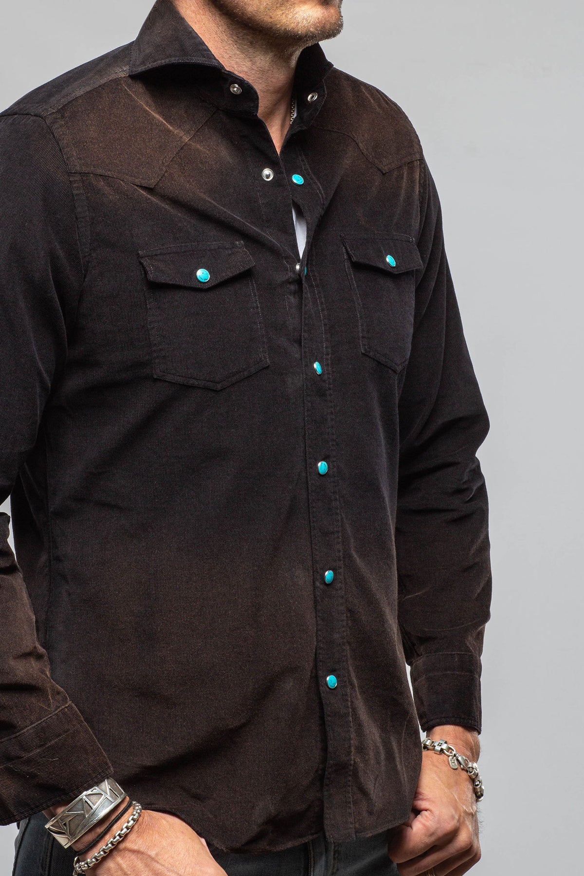 Giannetto Portofino Azure Corduroy Washed Snap Shirt In Black Mens - Shirts - Dress