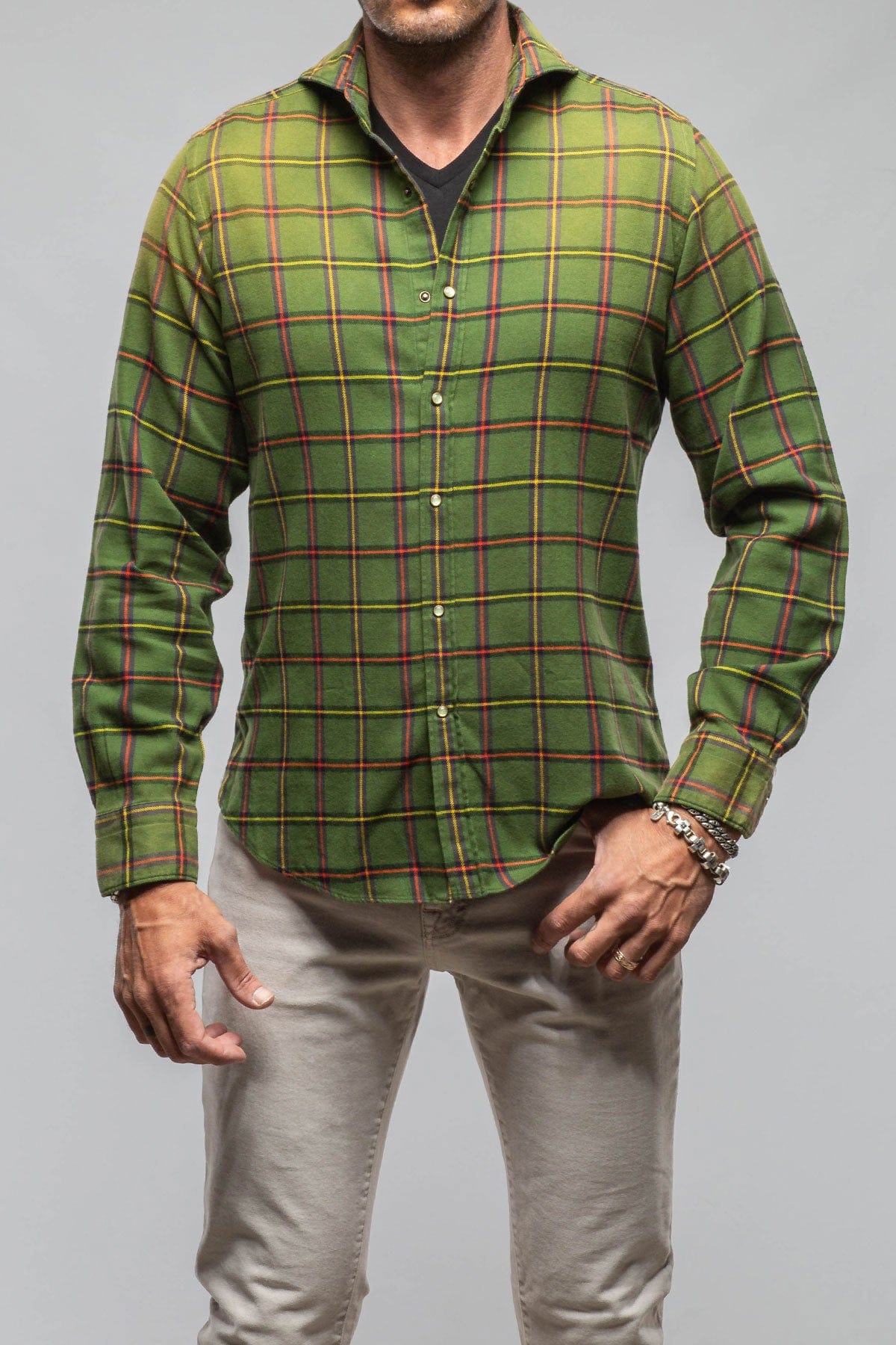 Giannetto Portofino Blissful Cotton Check Snap Shirt In Green