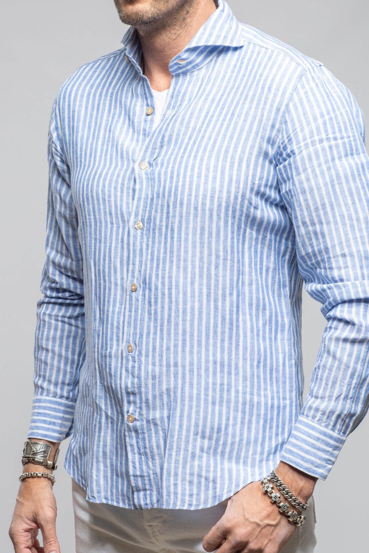 Giannetto Portofino Bulliet Linen Stripe In Navy Mens - Shirts - Dress