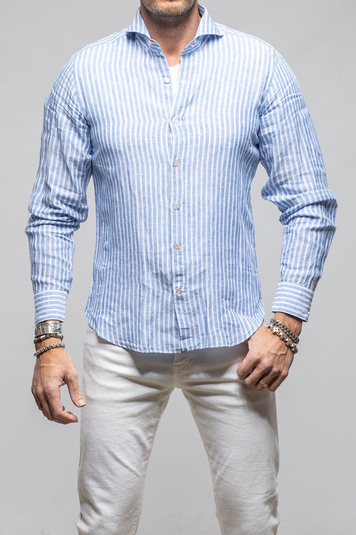 Giannetto Portofino Bulliet Linen Stripe In Navy Mens - Shirts - Dress