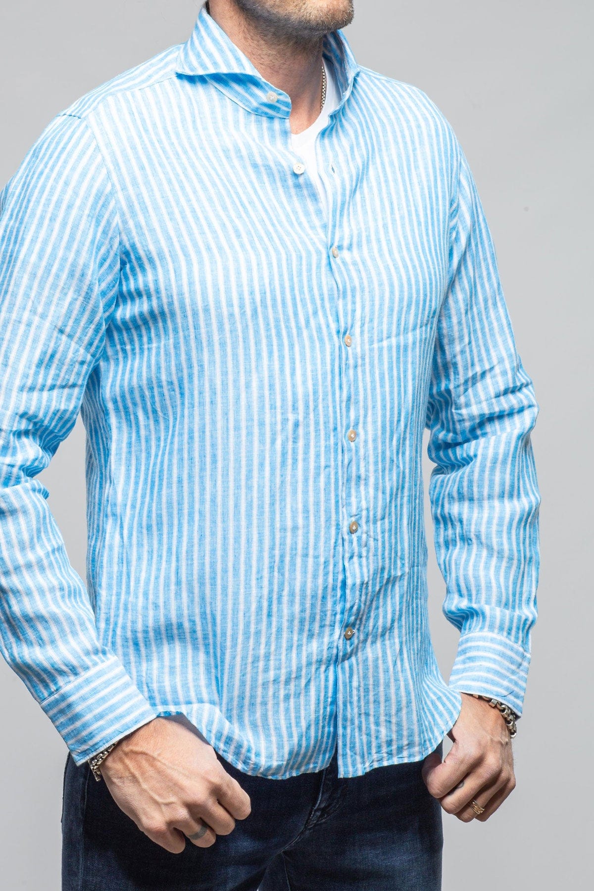 Giannetto Portofino Bulliet Linen Stripe Shirt In Blue Mens - Shirts - Dress