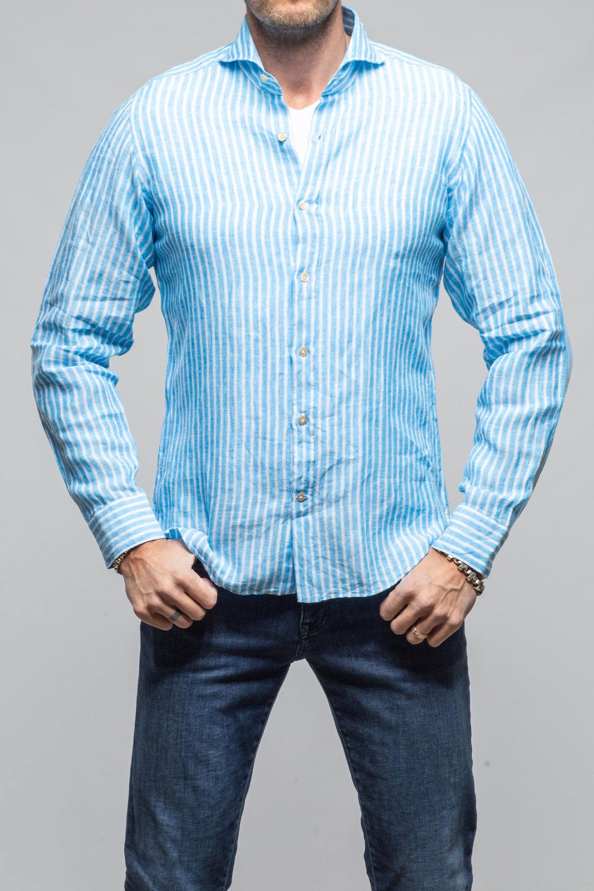 Giannetto Portofino Bulliet Linen Stripe Shirt In Blue Mens - Shirts - Dress