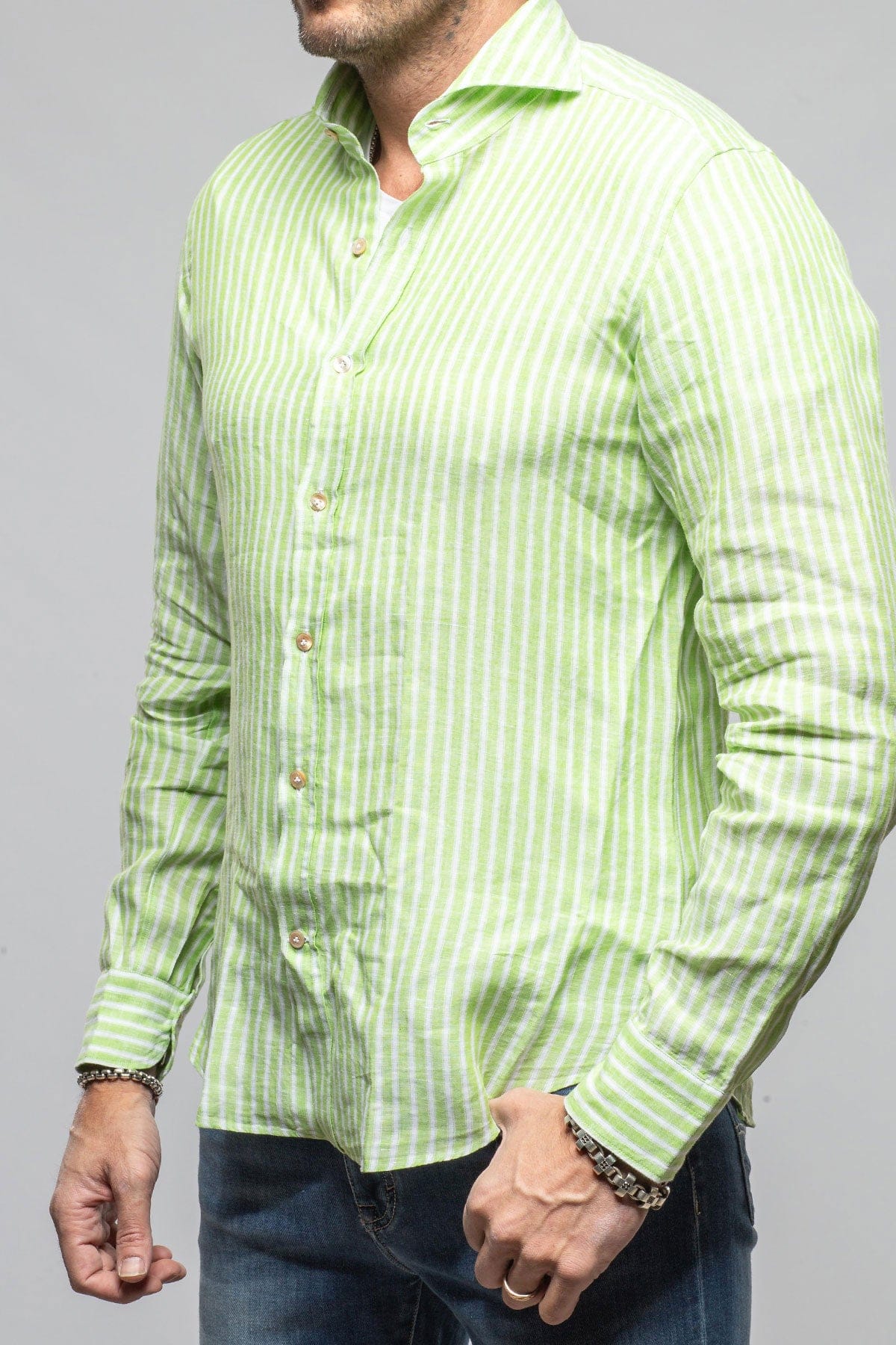 Giannetto Portofino Bulliet Linen Stripe Shirt In Green Mens - Shirts - Dress