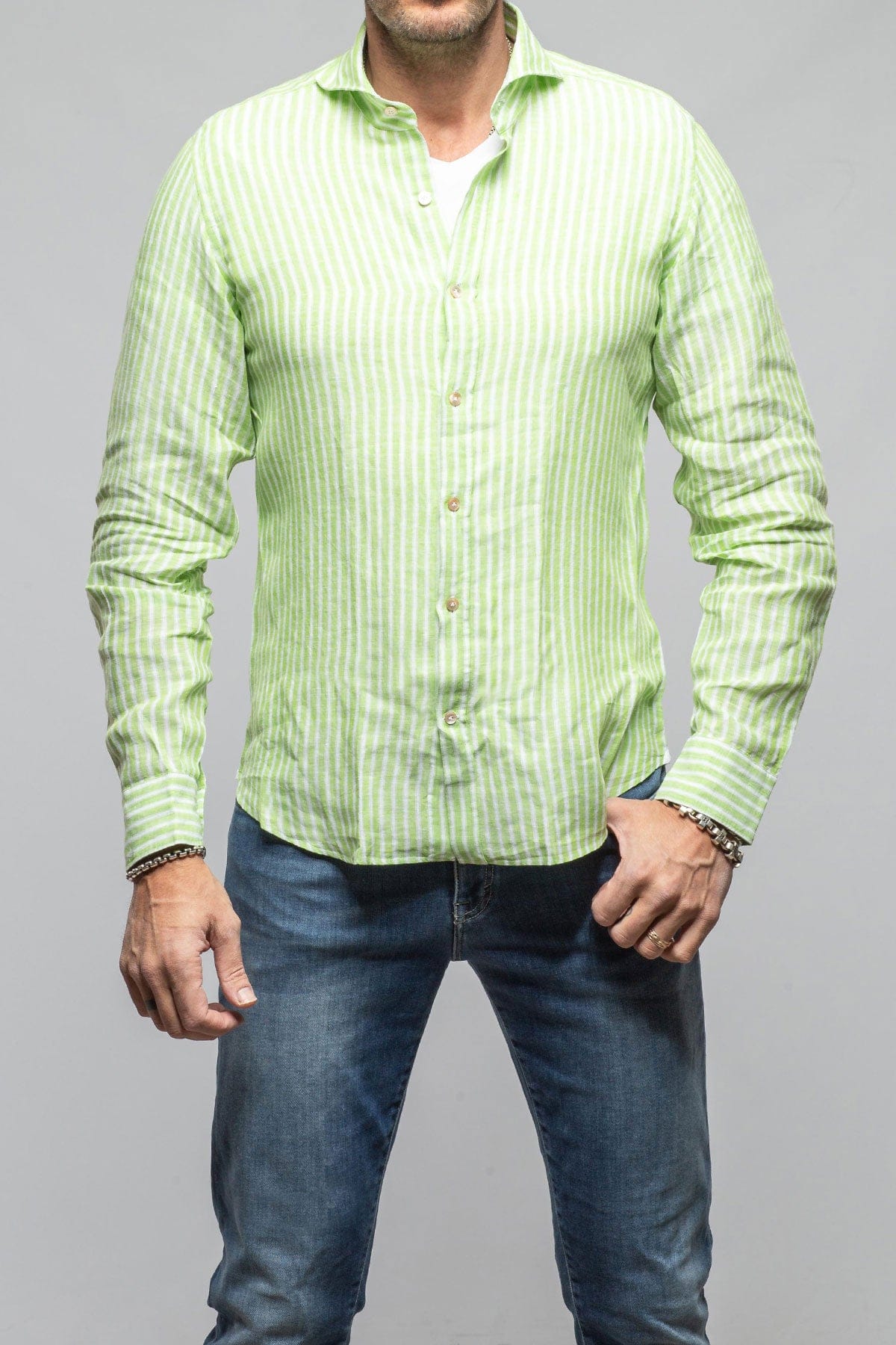 Giannetto Portofino Bulliet Linen Stripe Shirt In Green Mens - Shirts - Dress