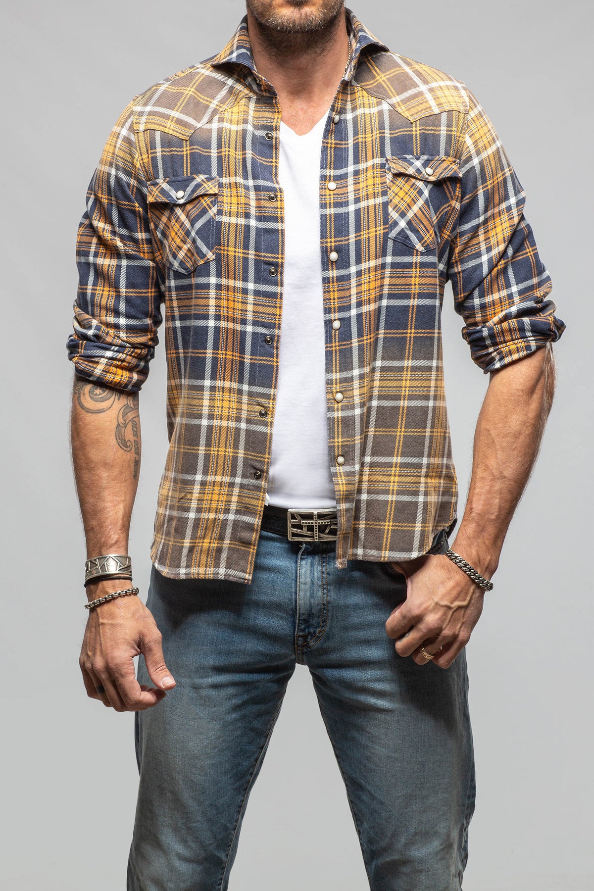 Canazei Western Snap Shirt In Navy Orange - AXEL'S