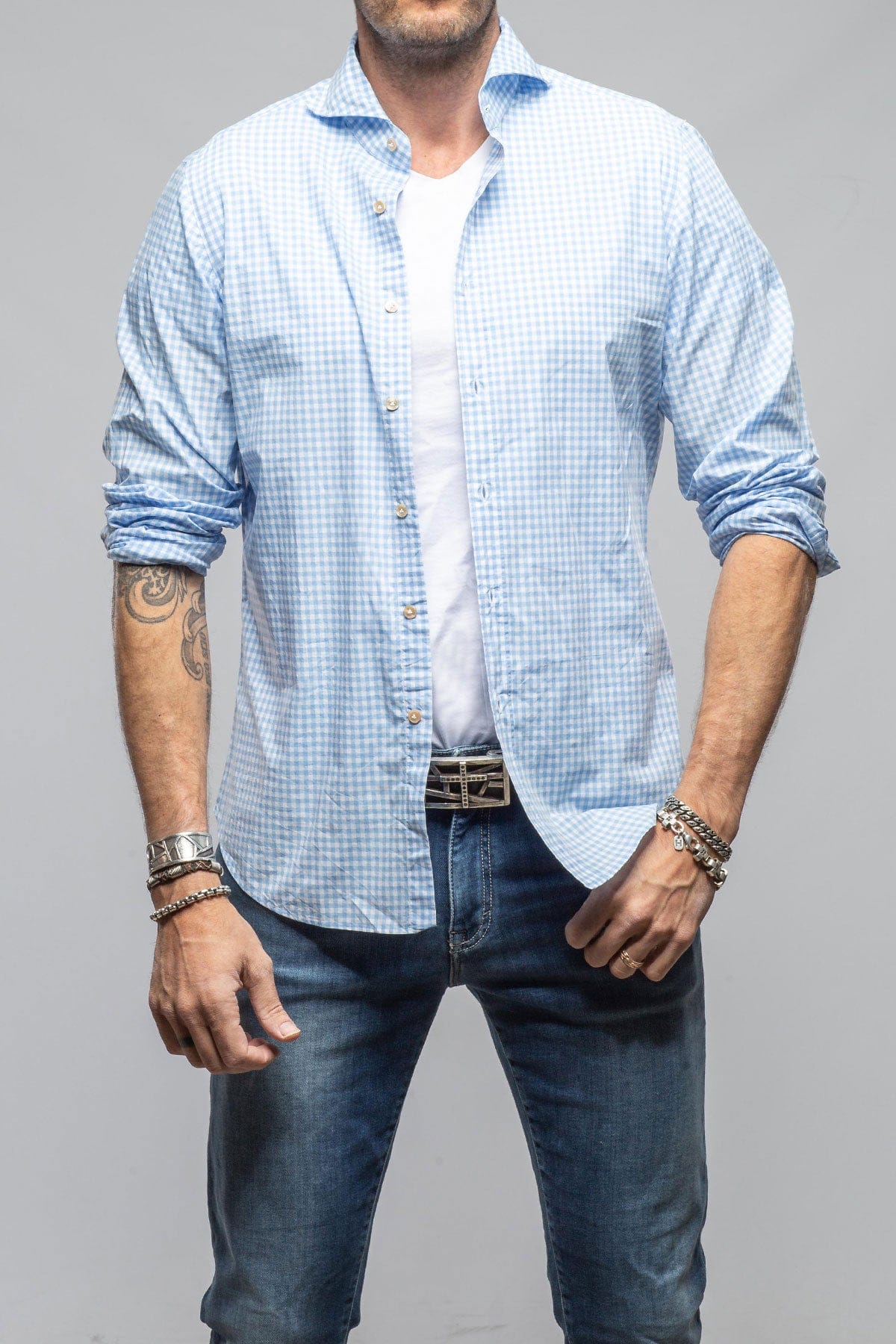 Giannetto Portofino Diago Cotton Gingham Shirt In Light Blue Mens - Shirts - Dress