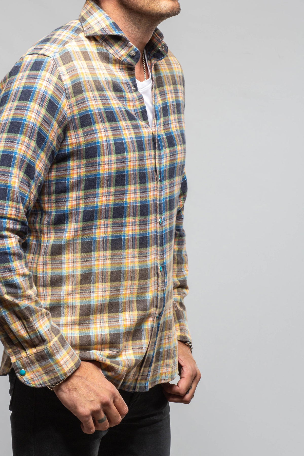 Giannetto Portofino Dolomite Washed Snap Shirt In Blue Orange Mens - Shirts - Dress