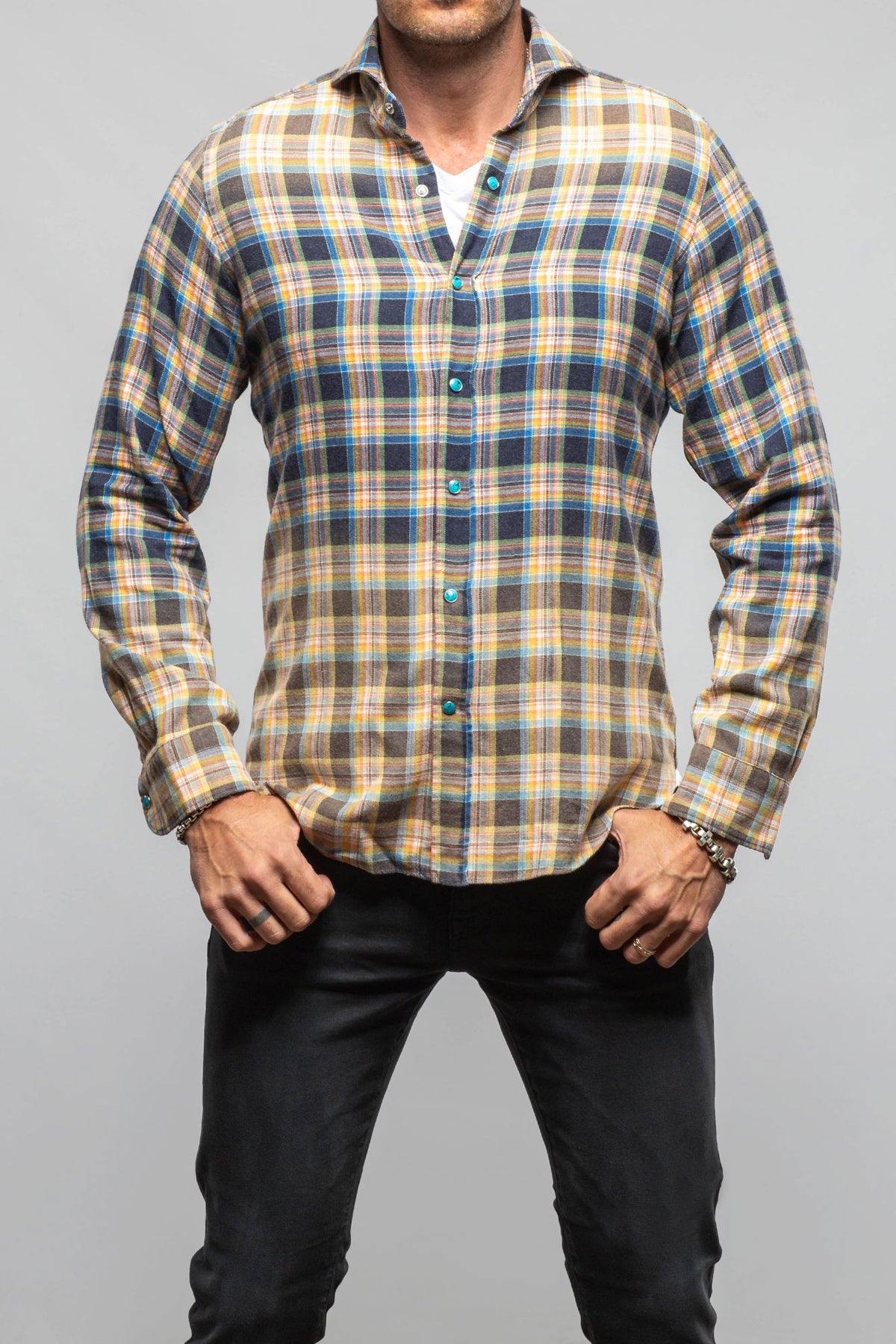 Giannetto Portofino Dolomite Washed Snap Shirt In Blue Orange Mens - Shirts - Dress