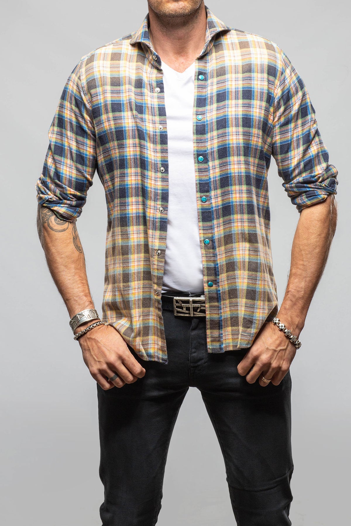 Giannetto Portofino Dolomite Washed Snap Shirt In Blue Orange Mens - Shirts - Dress