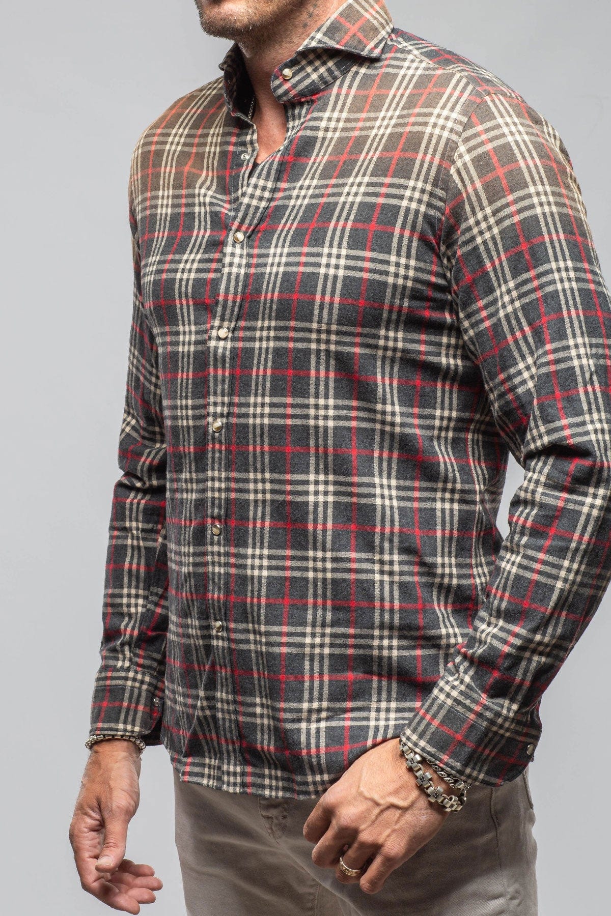Giannetto Portofino Dreamy Snap Flannel In Grey With Red Window Pane | Mens - Shirts - Dress