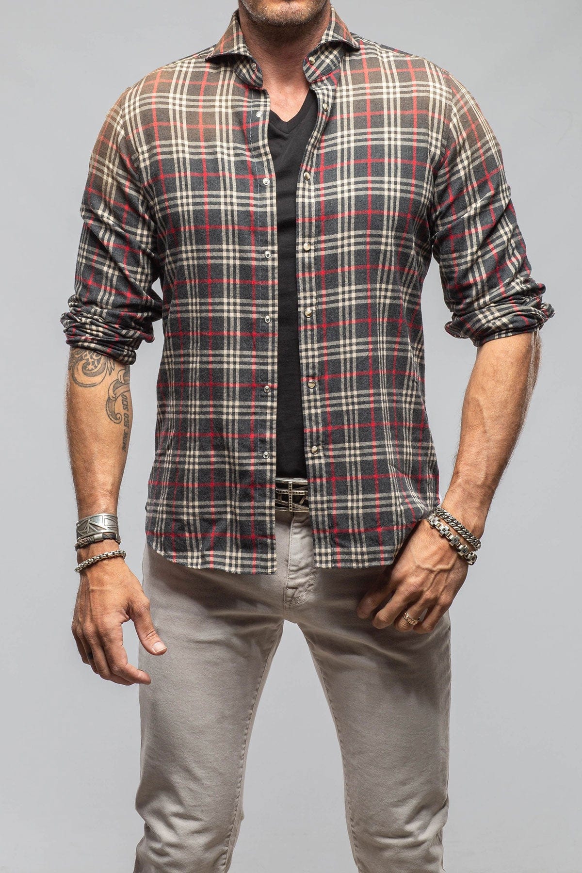 Giannetto Portofino Dreamy Snap Flannel In Grey With Red Window Pane | Mens - Shirts - Dress
