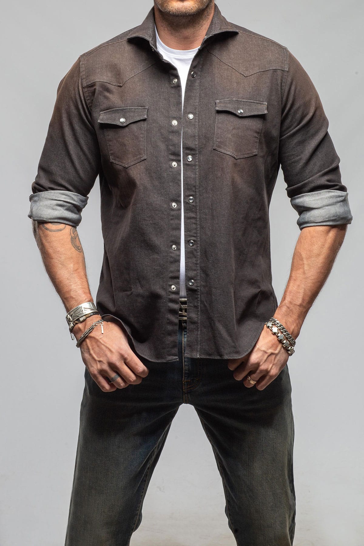 Giannetto Portofino Elias Denim Western Snap Shirt In Black Mens - Shirts - Dress