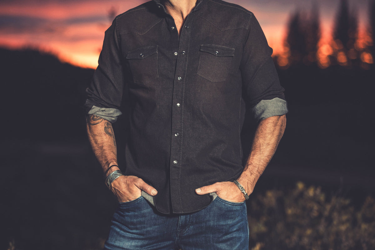 Giannetto Portofino Elias Denim Western Snap Shirt In Black Mens - Shirts - Dress