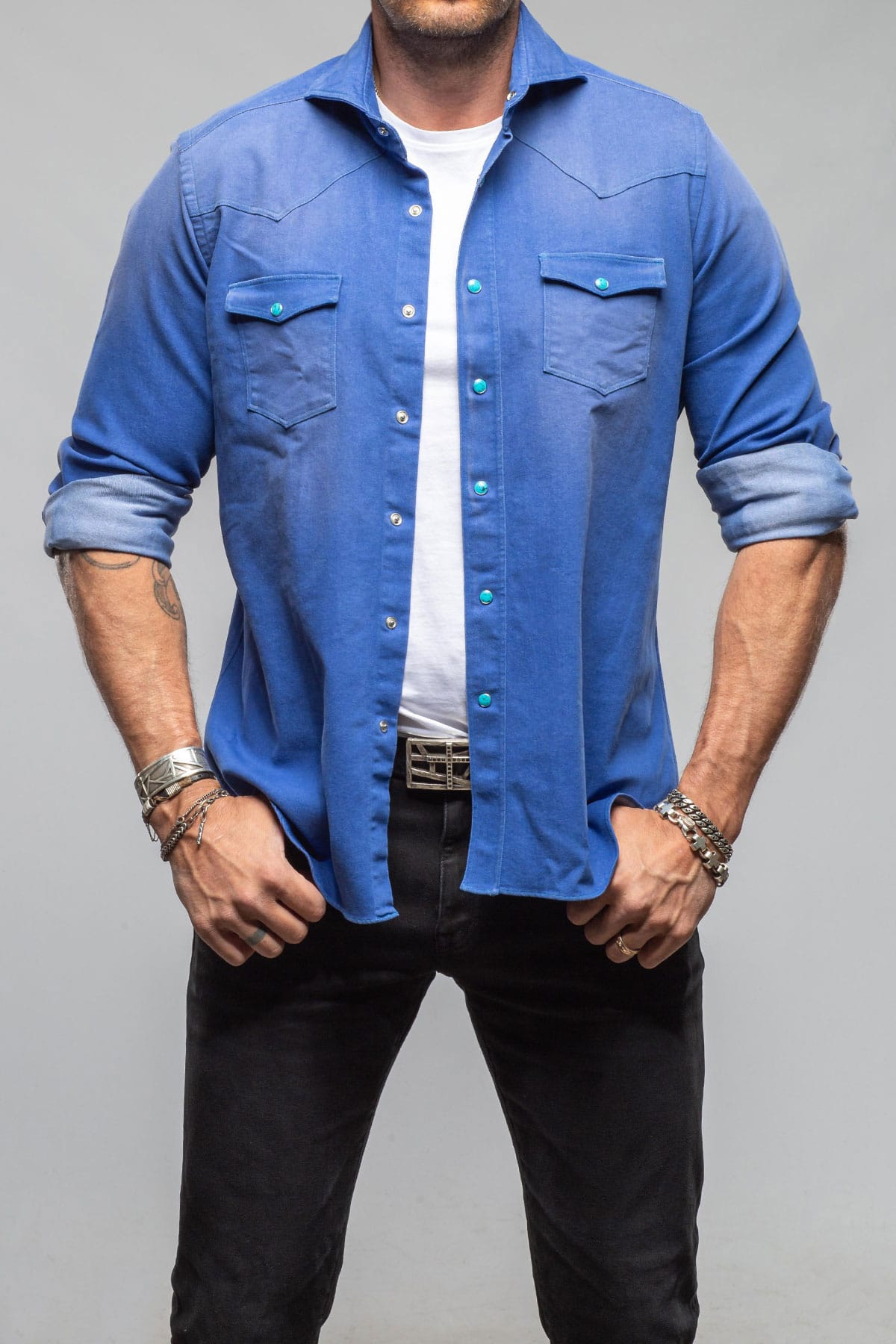 Giannetto Portofino Elias Denim Western Snap Shirt In Blue Mens - Shirts - Dress