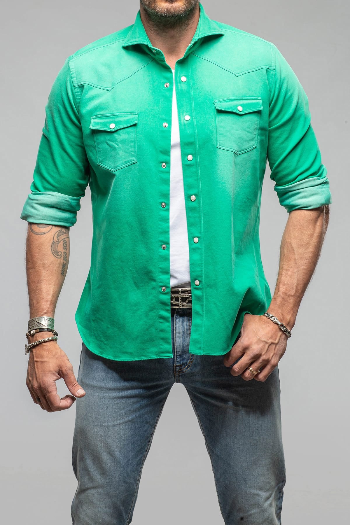 Elias Denim Western Snap Shirt In Green - AXEL'S