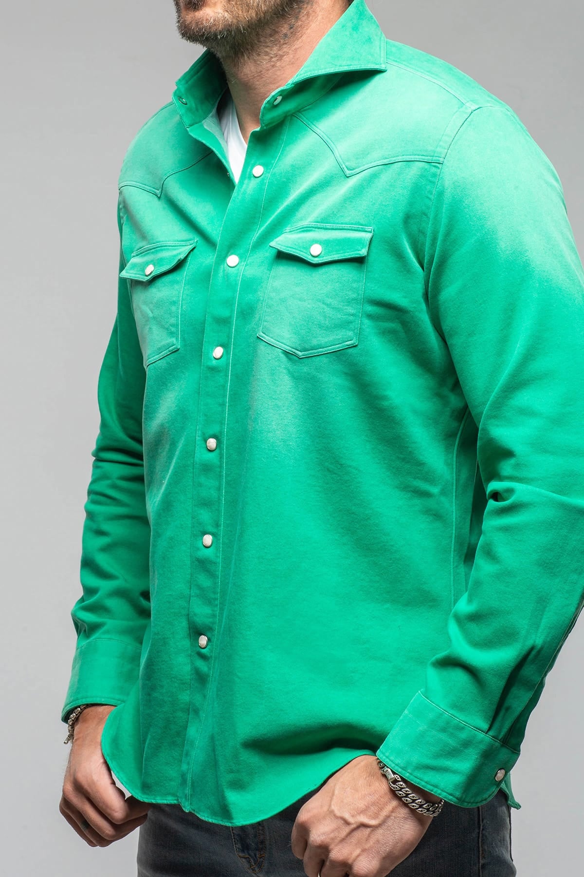 Elias Denim Western Snap Shirt In Green - AXEL'S