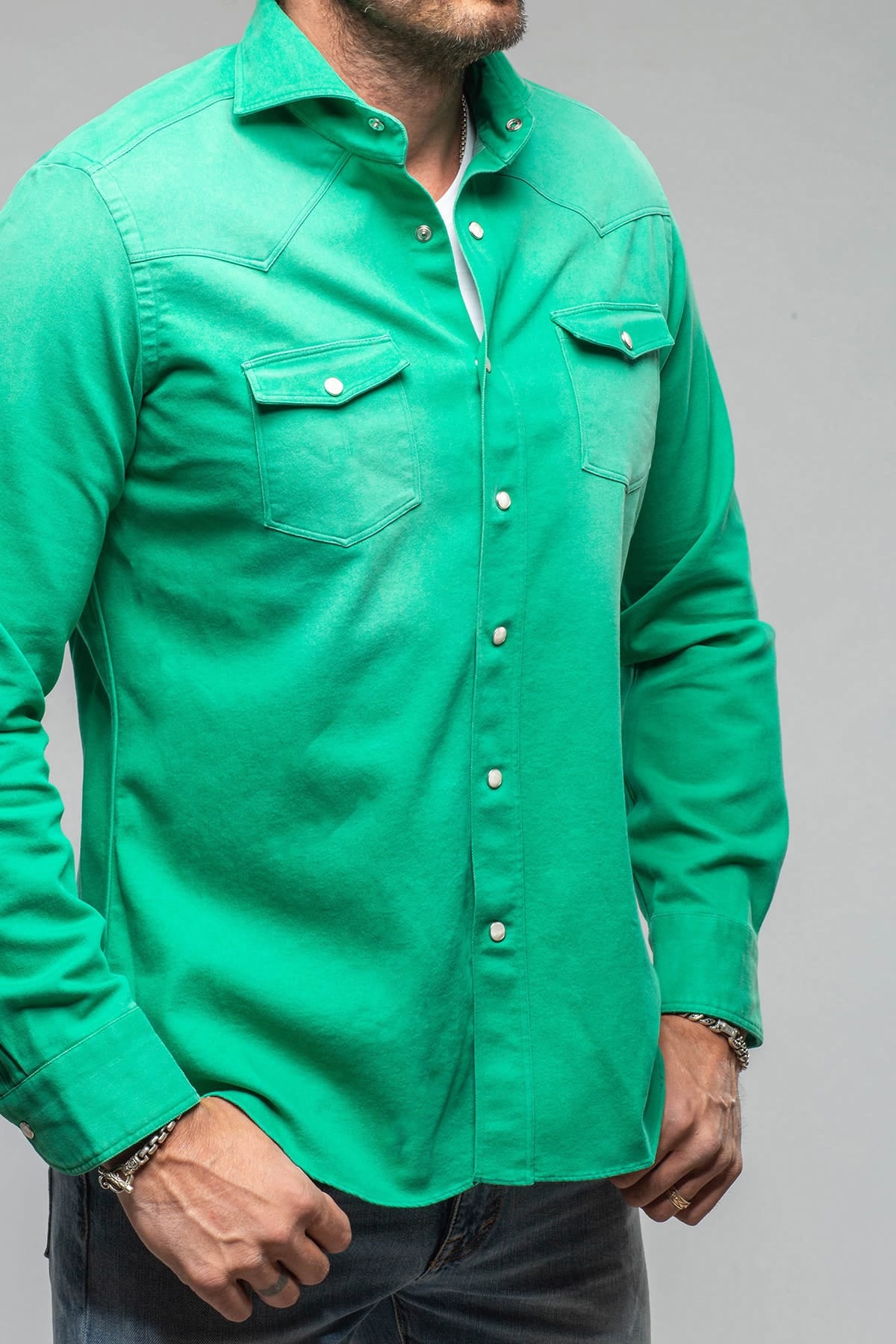 Elias Denim Western Snap Shirt In Green - AXEL'S