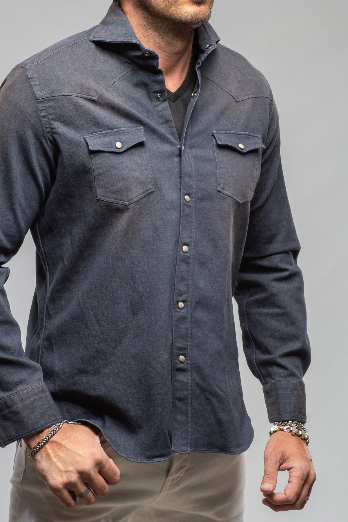 Giannetto Portofino Elias Denim Western Snap Shirt In Navy Mens - Shirts - Dress