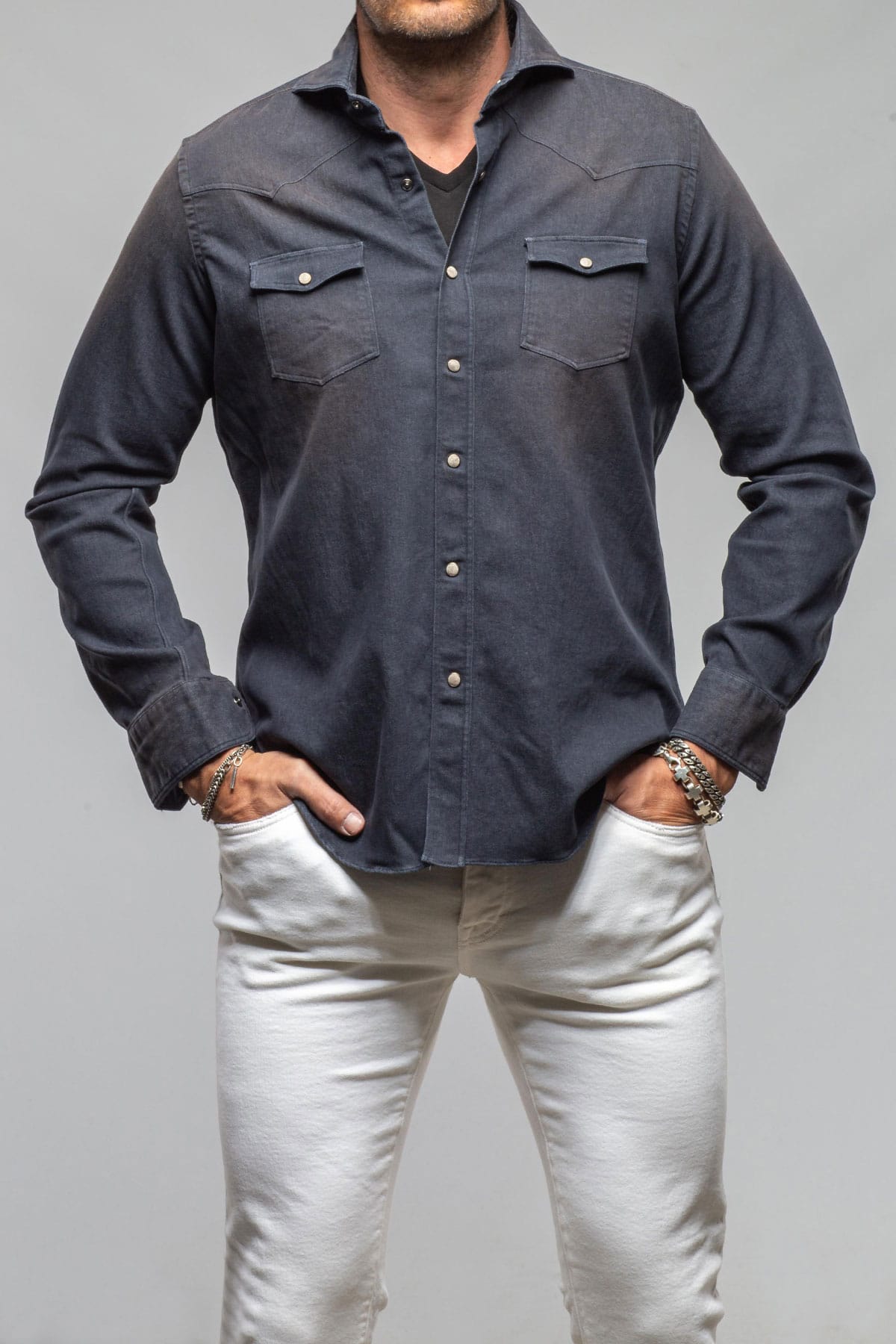 Giannetto Portofino Elias Denim Western Snap Shirt In Navy Mens - Shirts - Dress