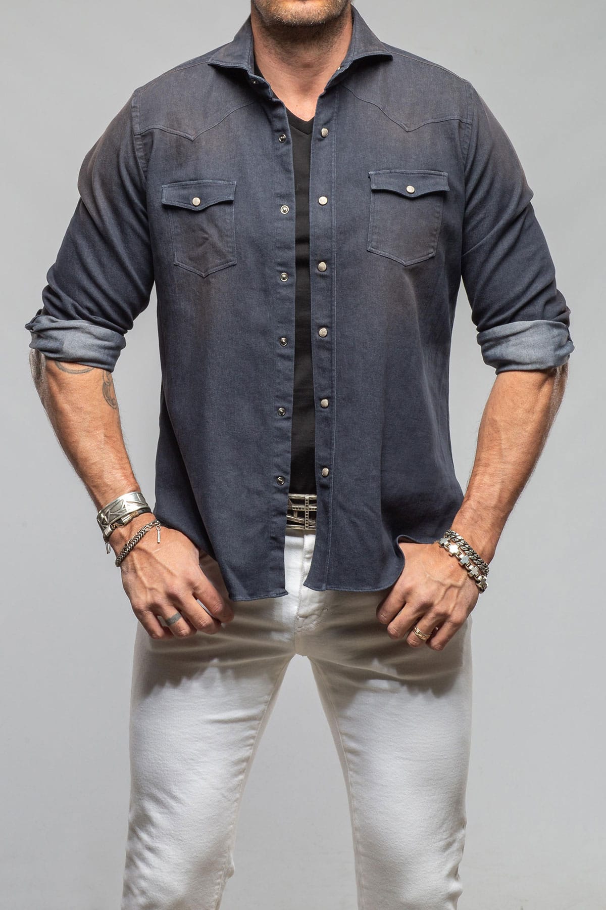 Giannetto Portofino Elias Denim Western Snap Shirt In Navy Mens - Shirts - Dress