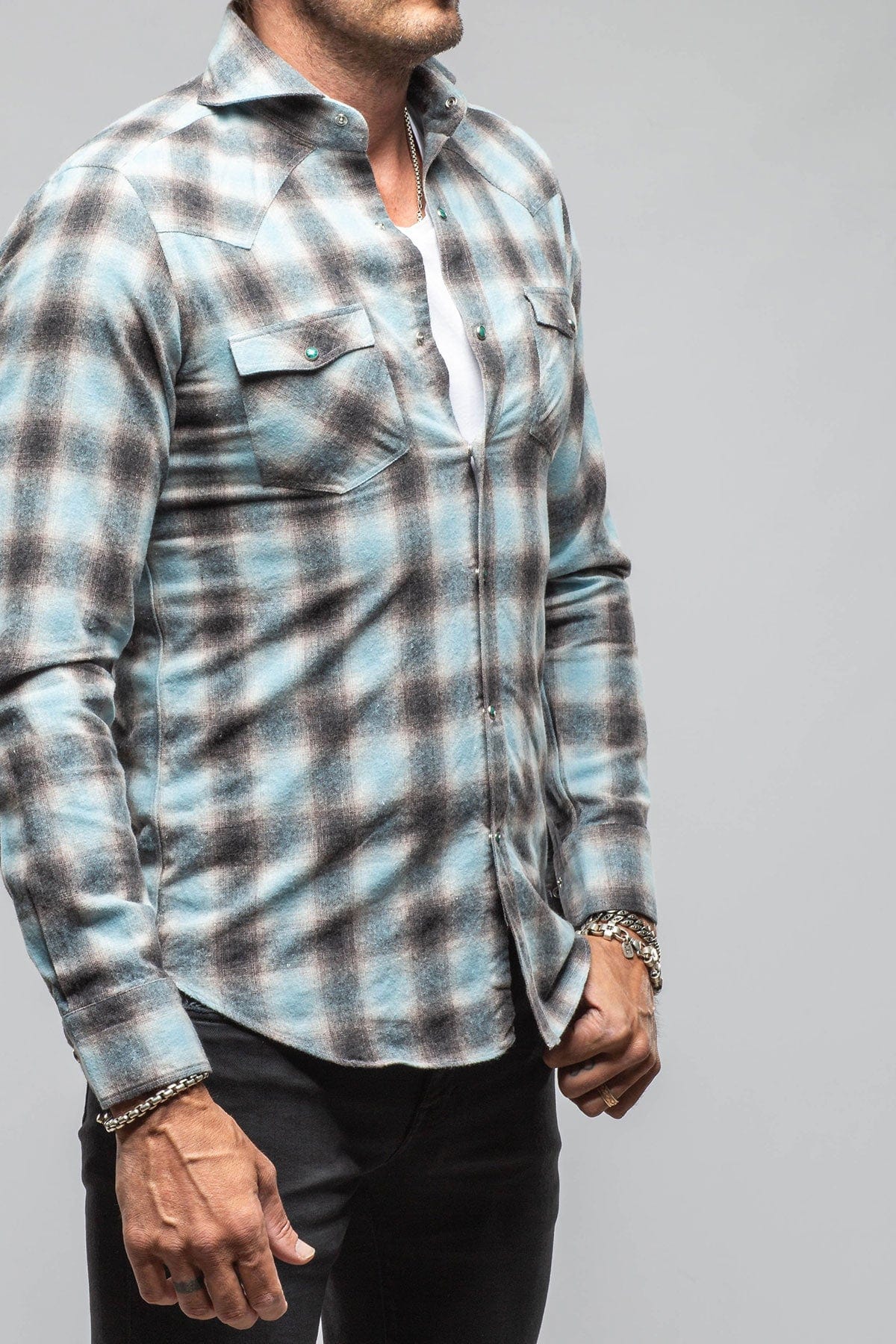 Giannetto Portofino Enchanted Western Cotton Snap In Sprayed Light Blue | Mens - Shirts - Dress